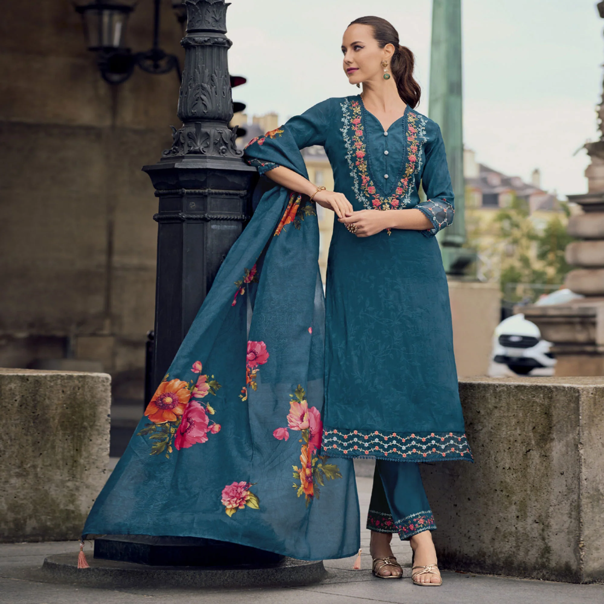 Teal Floral Sequins Embroidery With Handwork Viscose Salwar Suit - Image 4