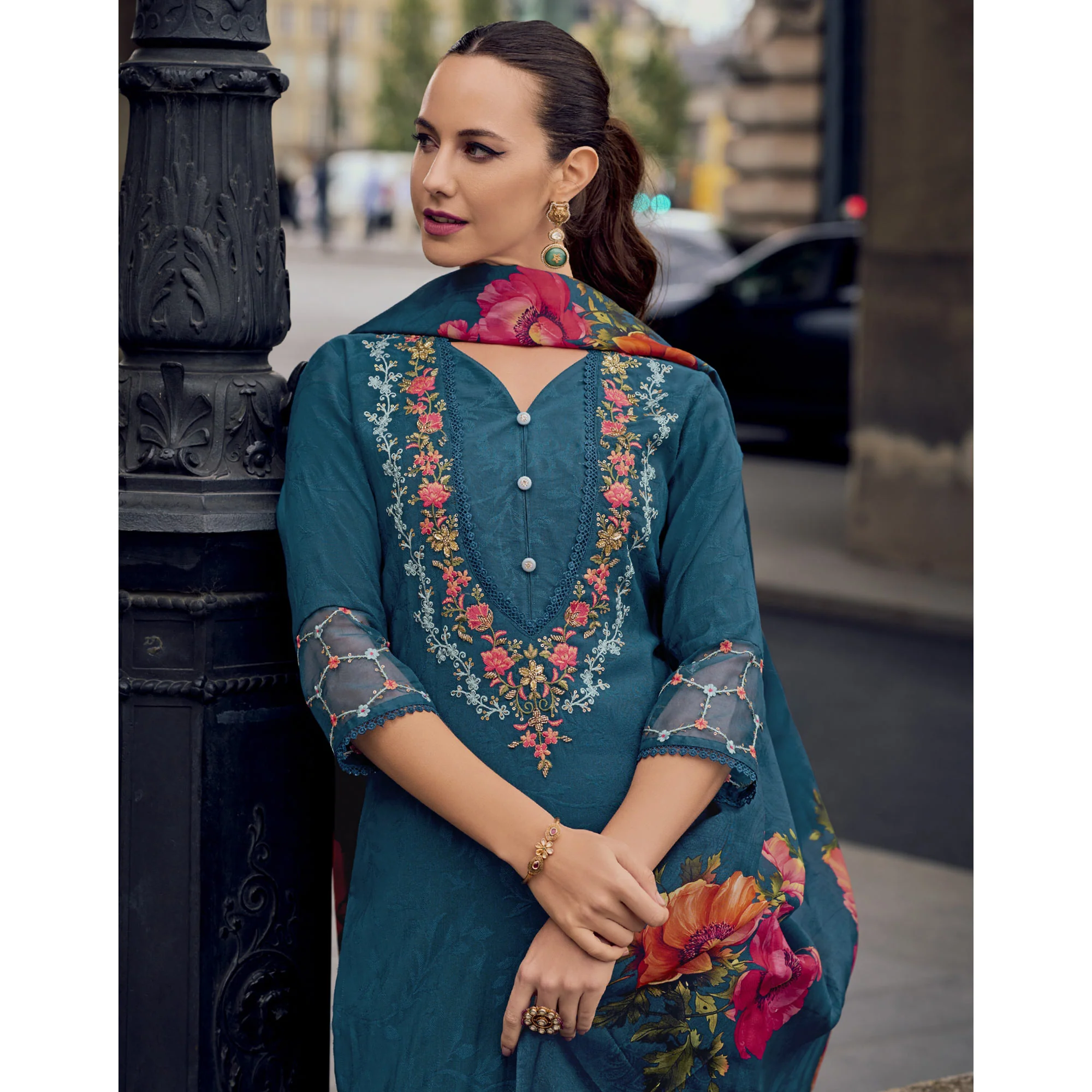 Teal Floral Sequins Embroidery With Handwork Viscose Salwar Suit - Image 5