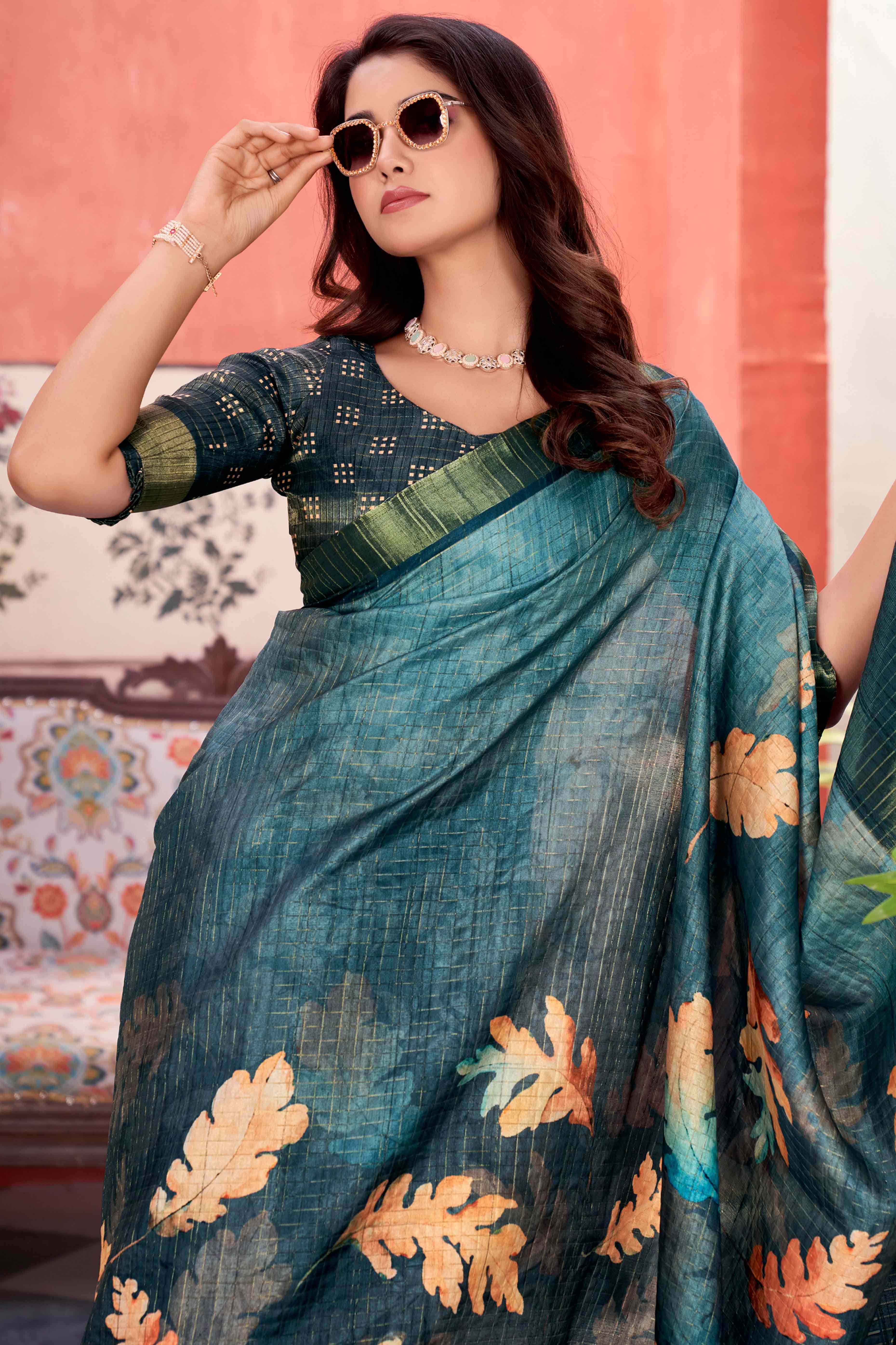 Teal Floral Soft Silk Blend Saree with Digital Prints - Image 3