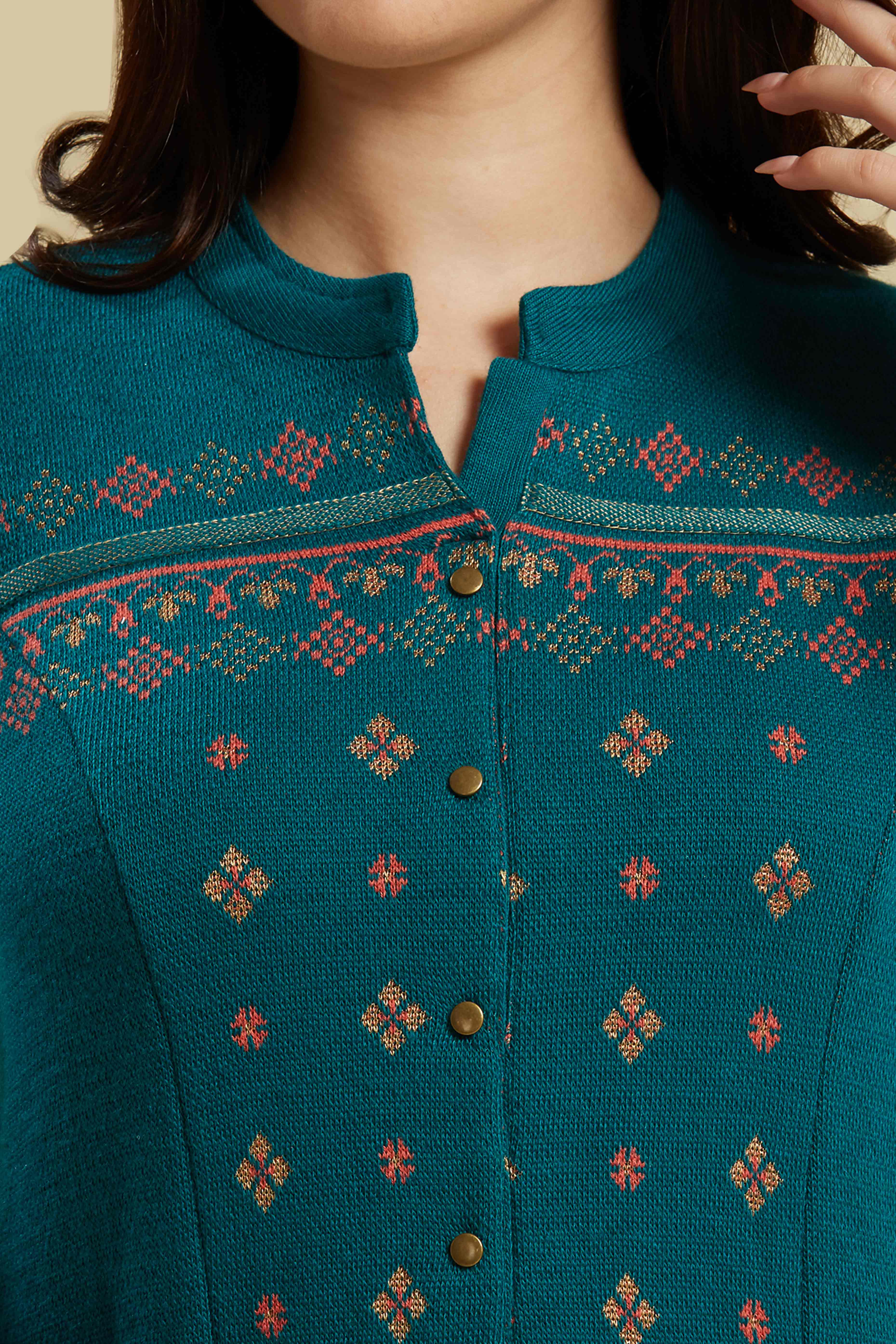Teal Floral Woolen Top Bottom Set - Image 2