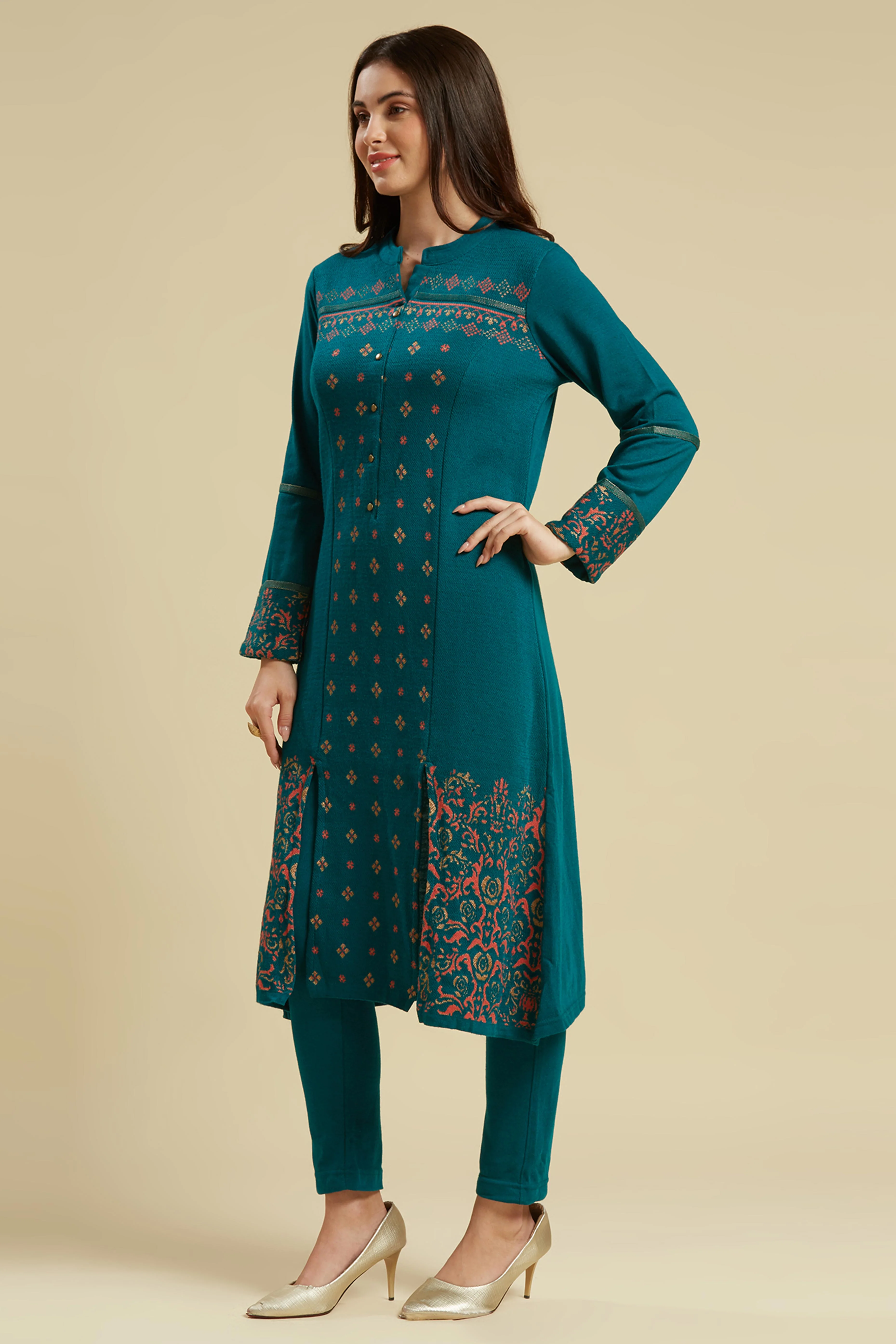 Teal Floral Woolen Top Bottom Set - Image 4