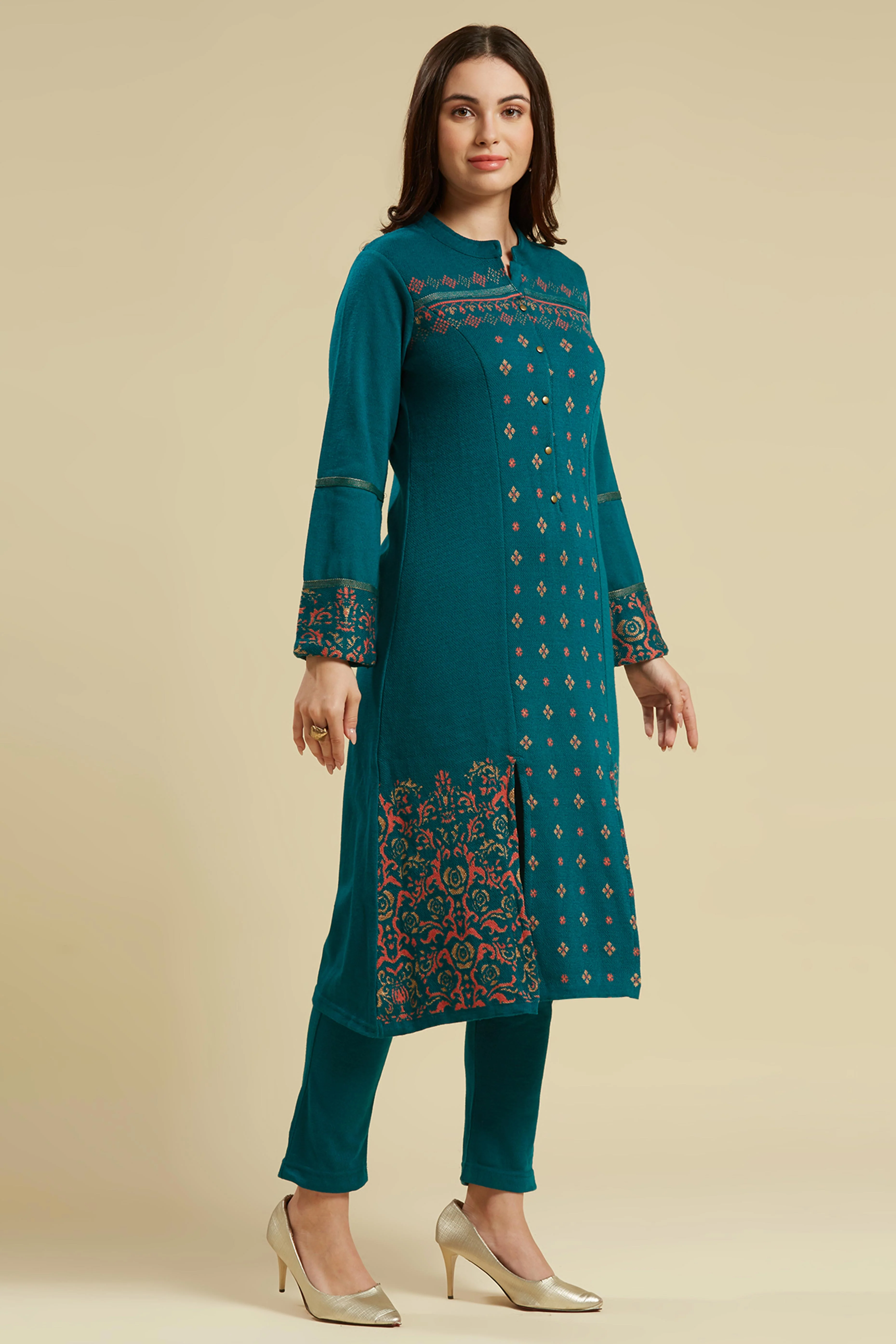 Teal Floral Woolen Top Bottom Set - Image 5