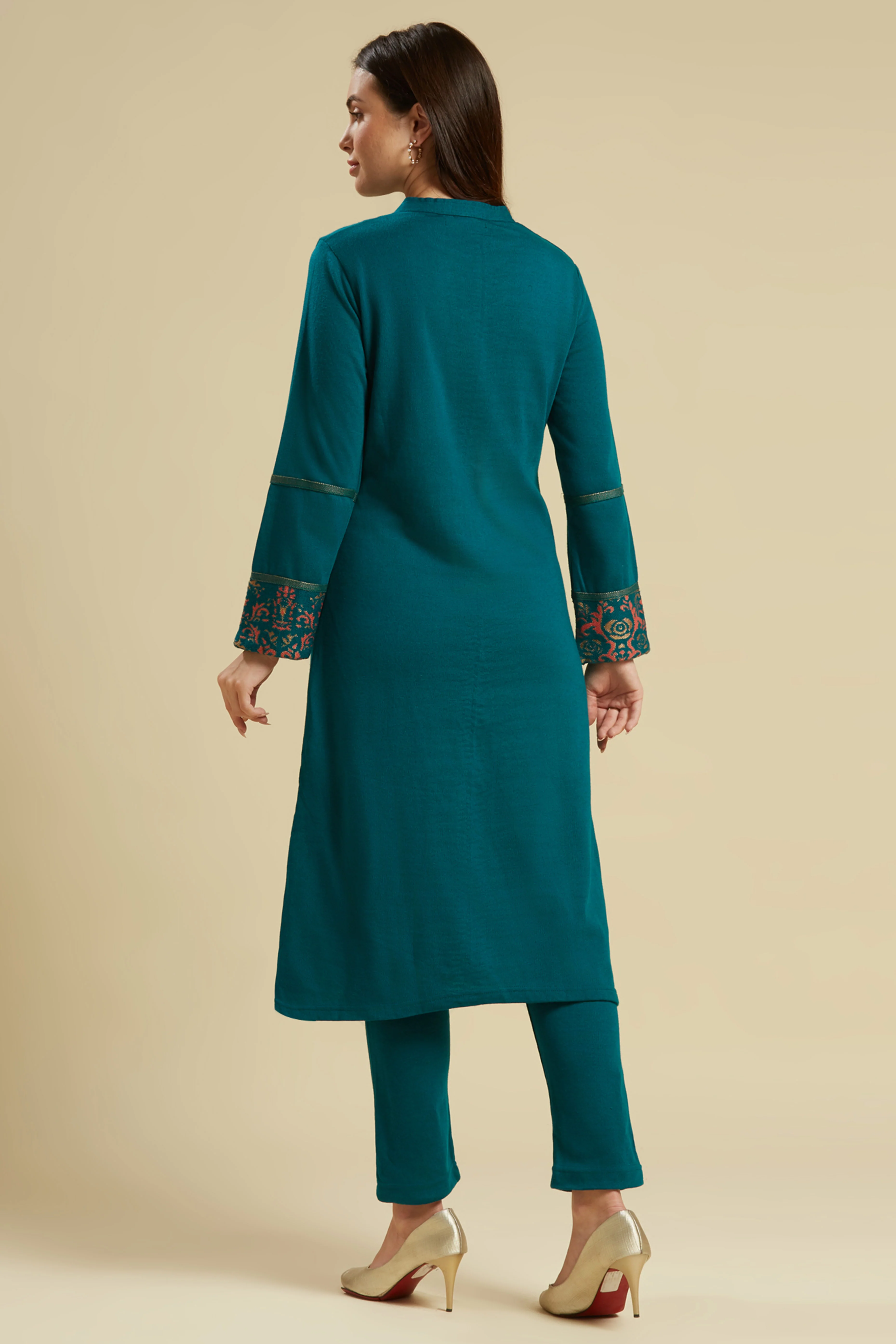 Teal Floral Woolen Top Bottom Set - Image 6