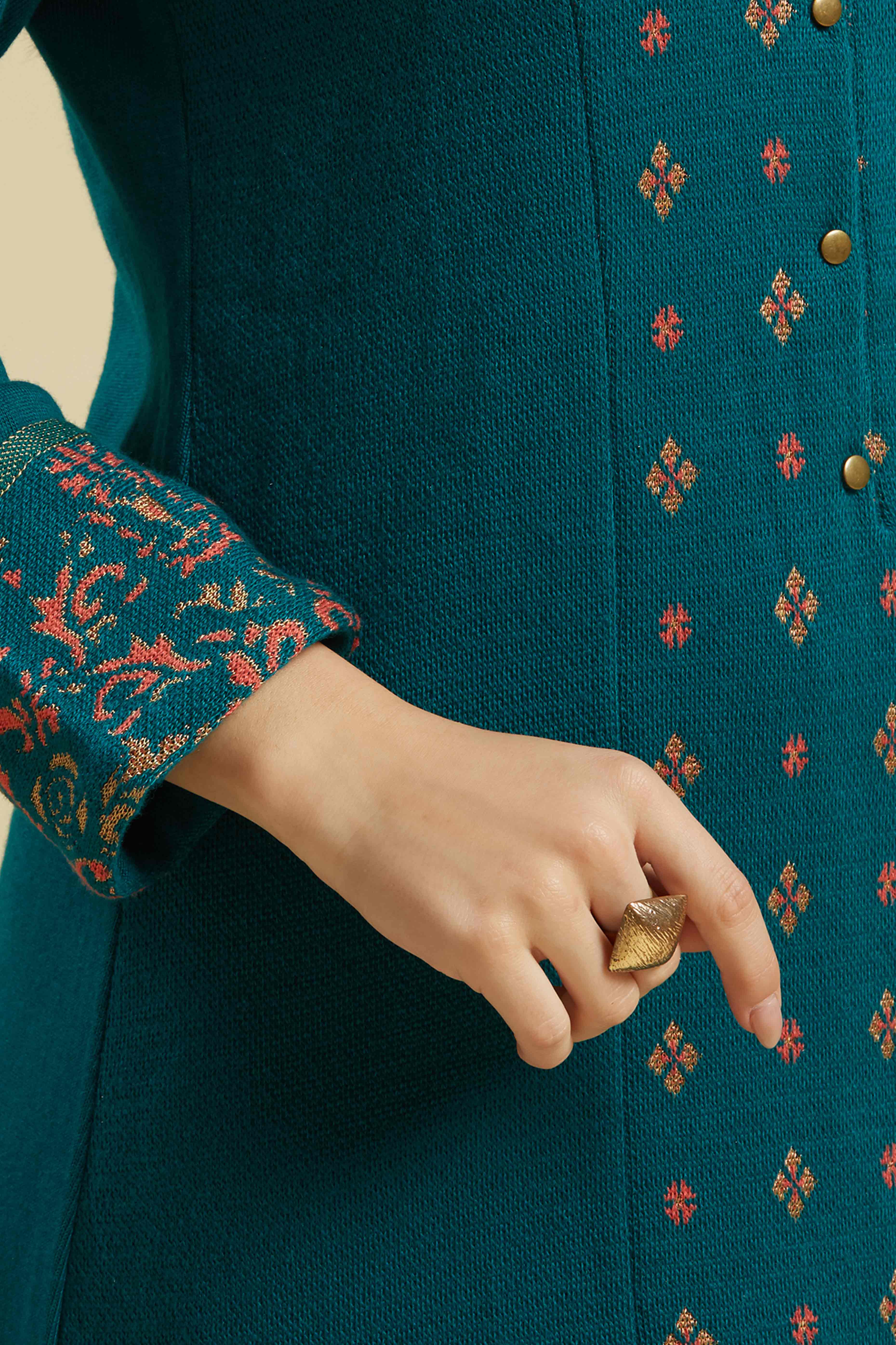 Teal Floral Woolen Top Bottom Set - Image 8