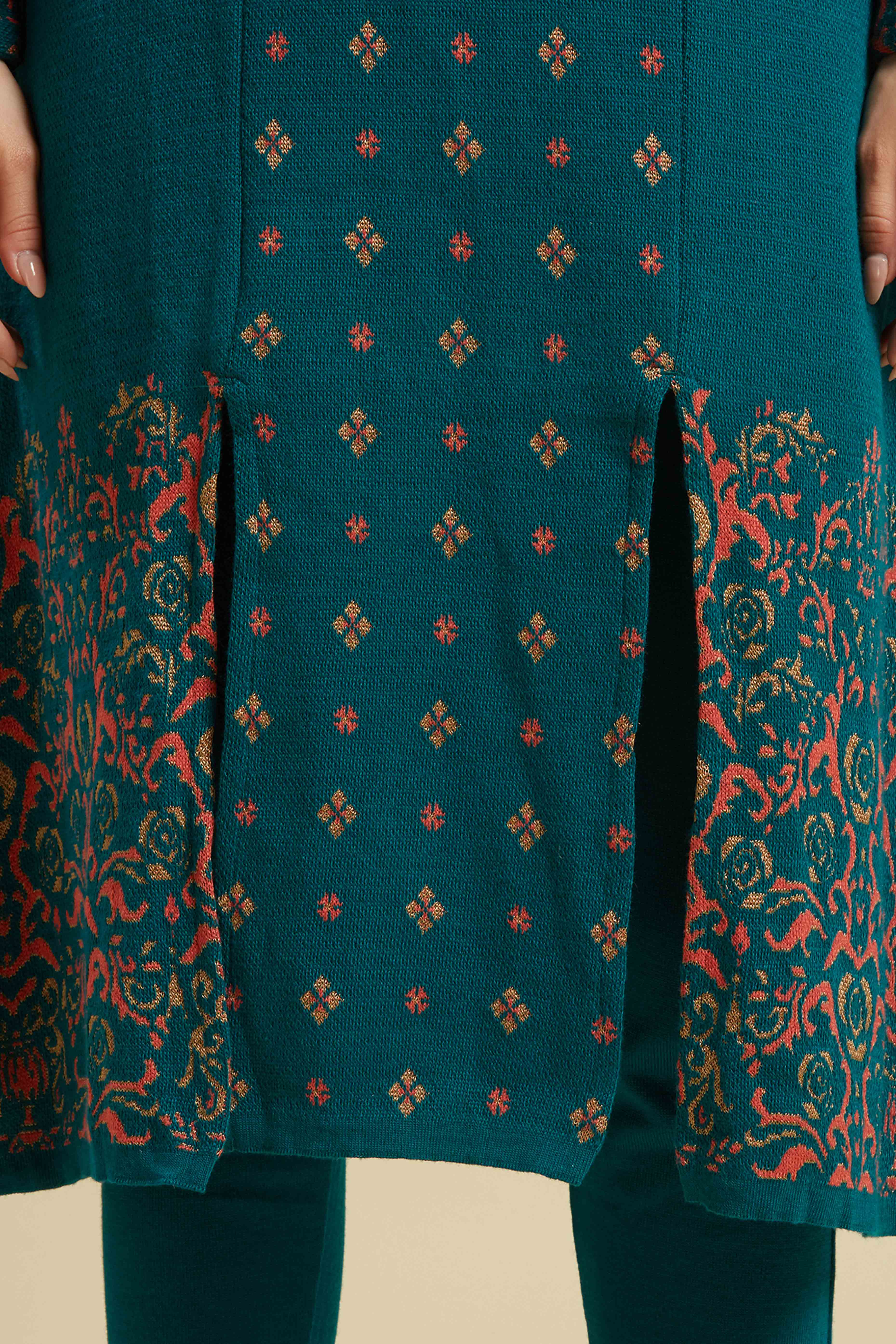 Teal Floral Woolen Top Bottom Set - Image 9