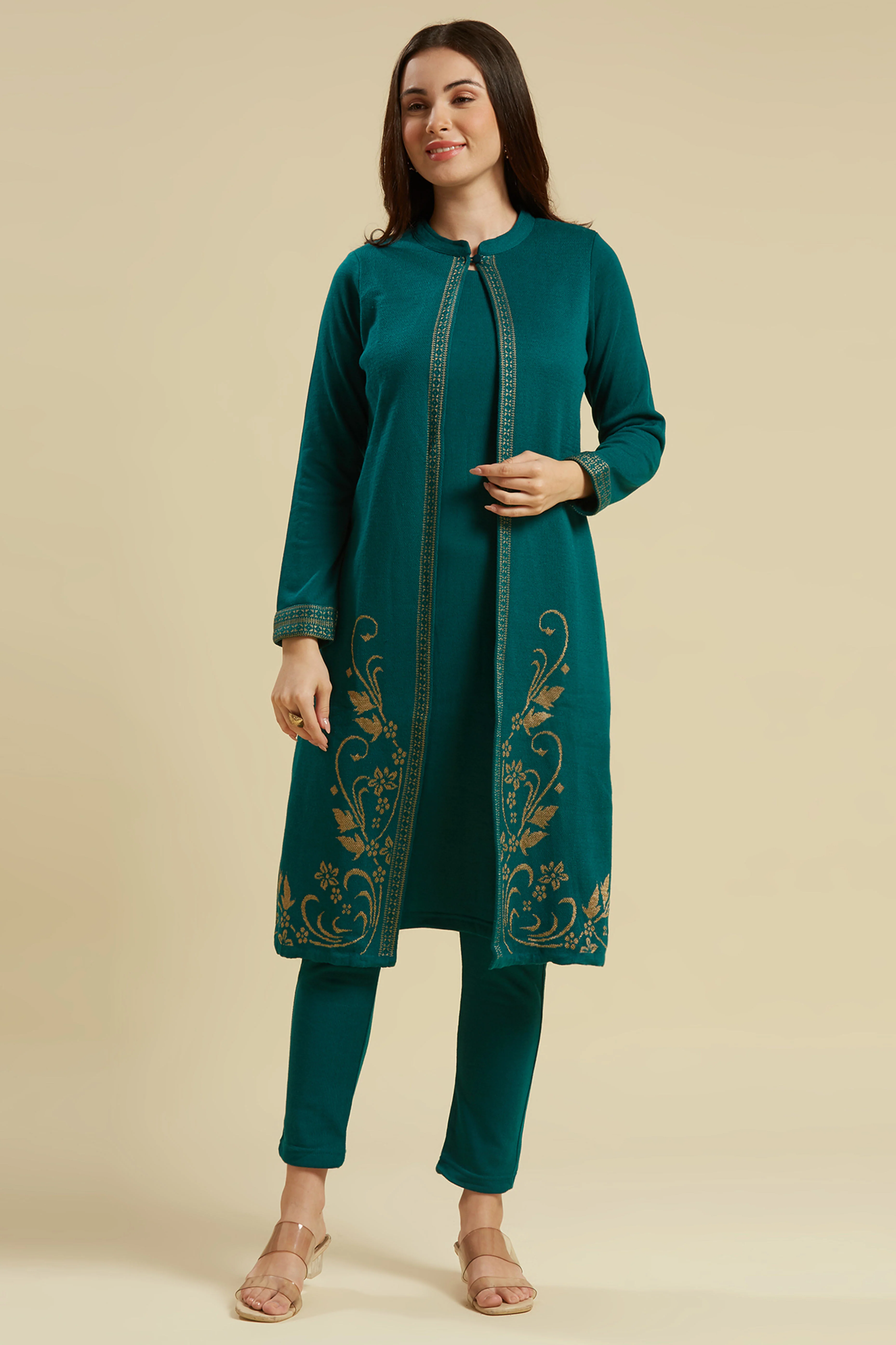 Teal Floral Woolen Top Bottom Set - Image 3
