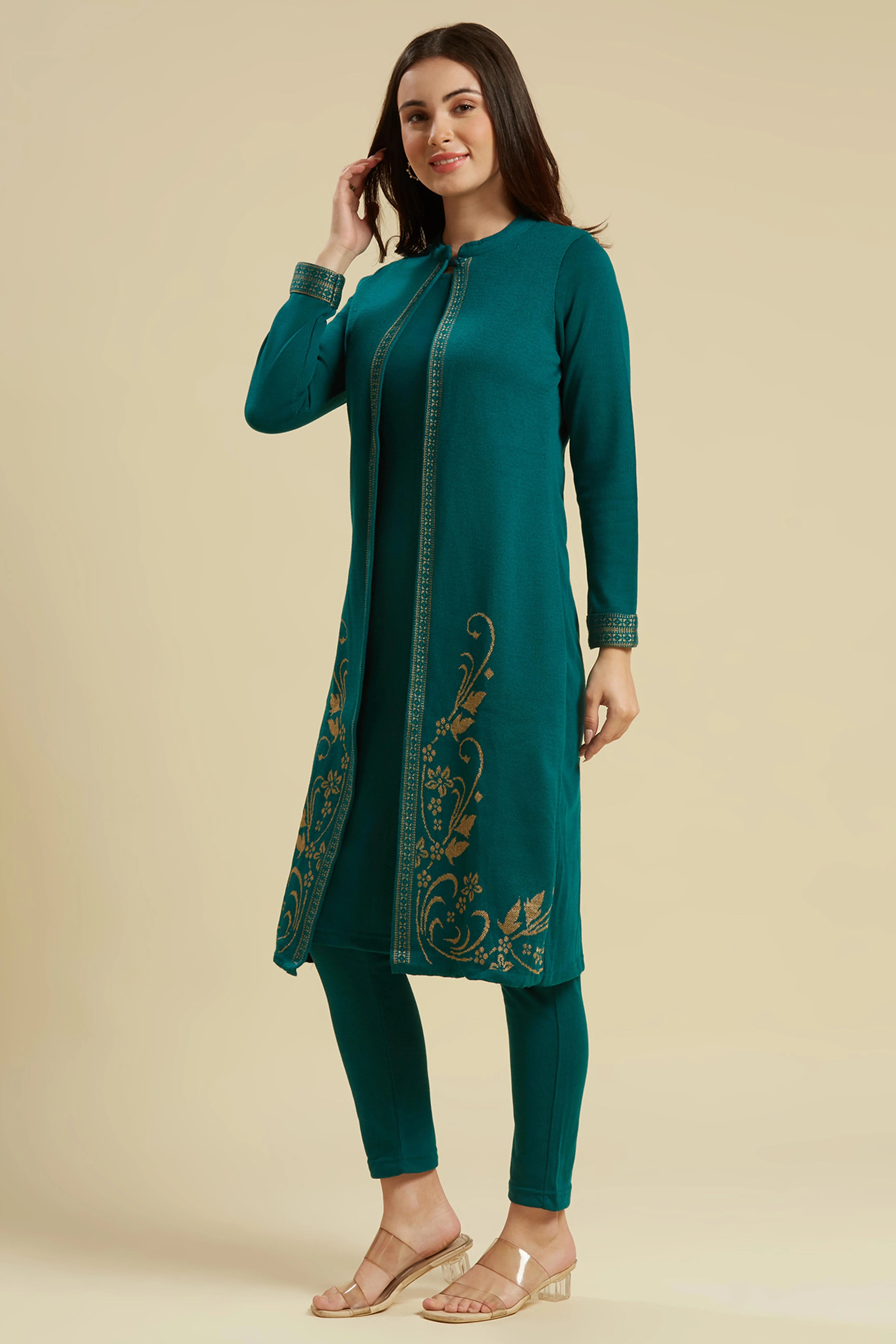 Teal Floral Woolen Top Bottom Set - Image 4