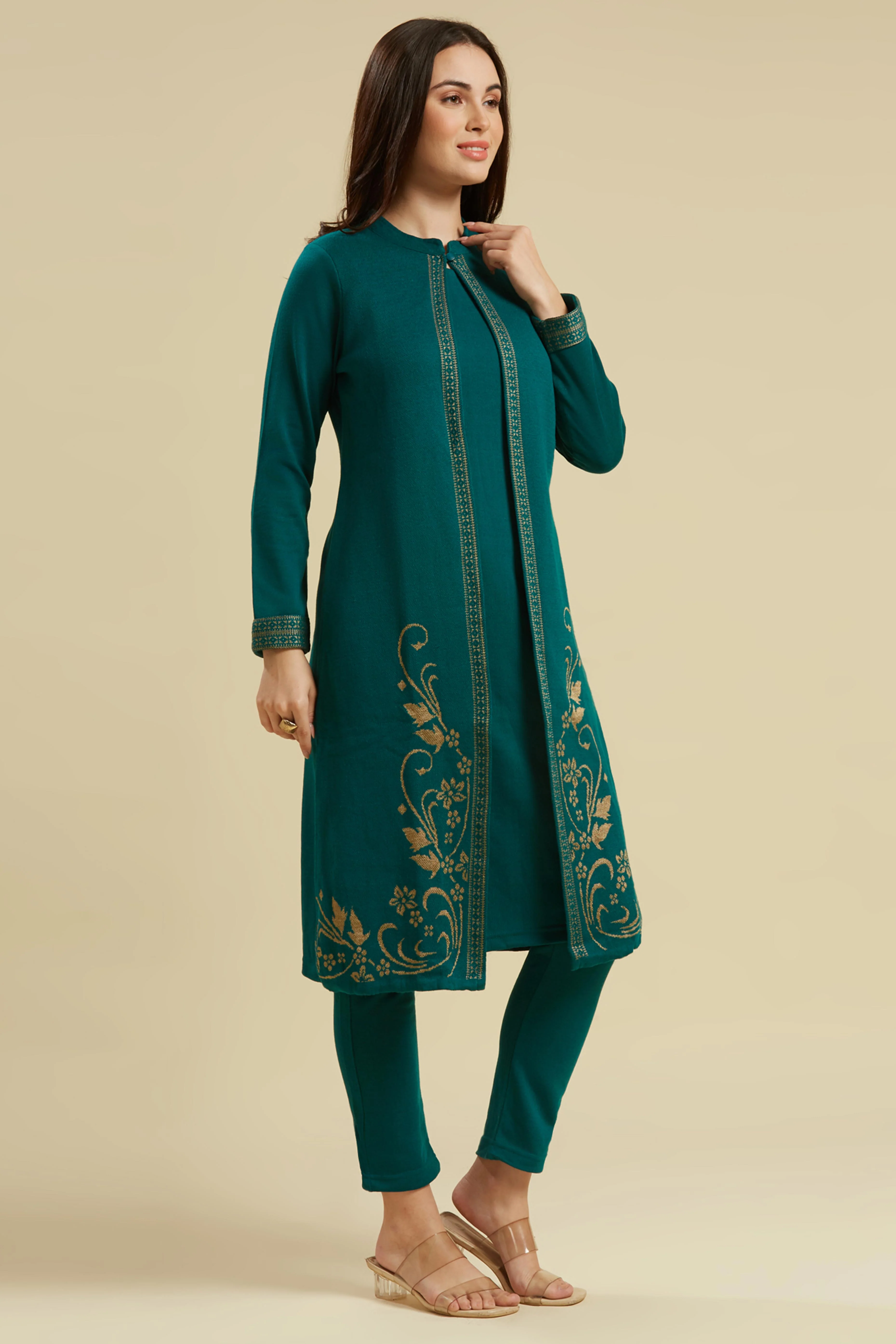 Teal Floral Woolen Top Bottom Set - Image 5