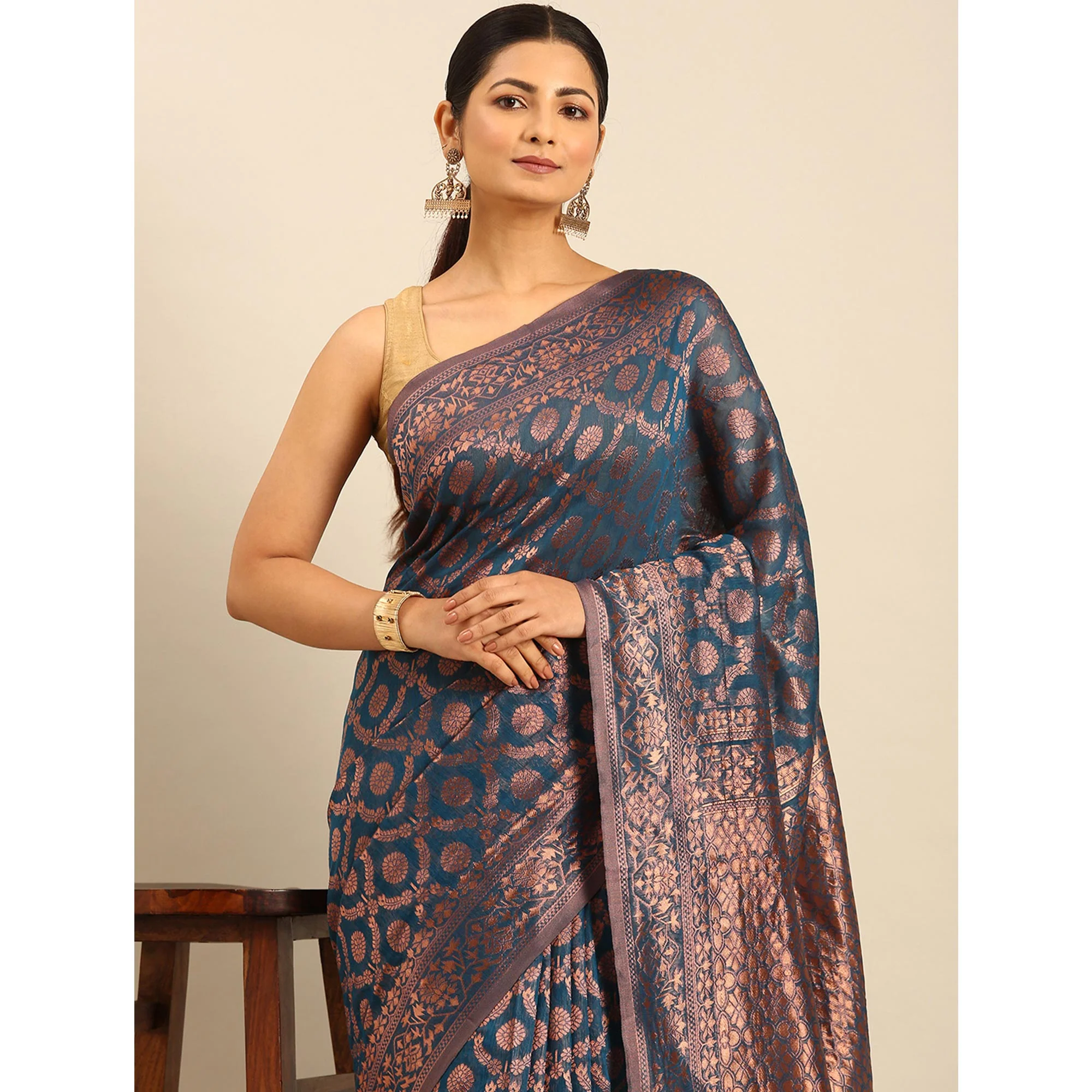 Teal Floral Woven Cotton Silk Saree - Image 6