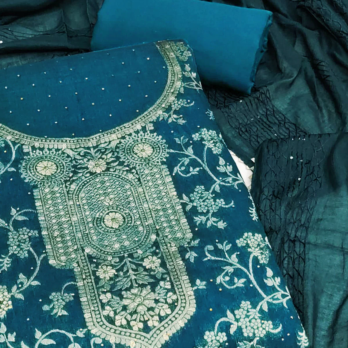 Teal Floral Woven With Stonework Banarasi Jacquard Dress Material - Image 2