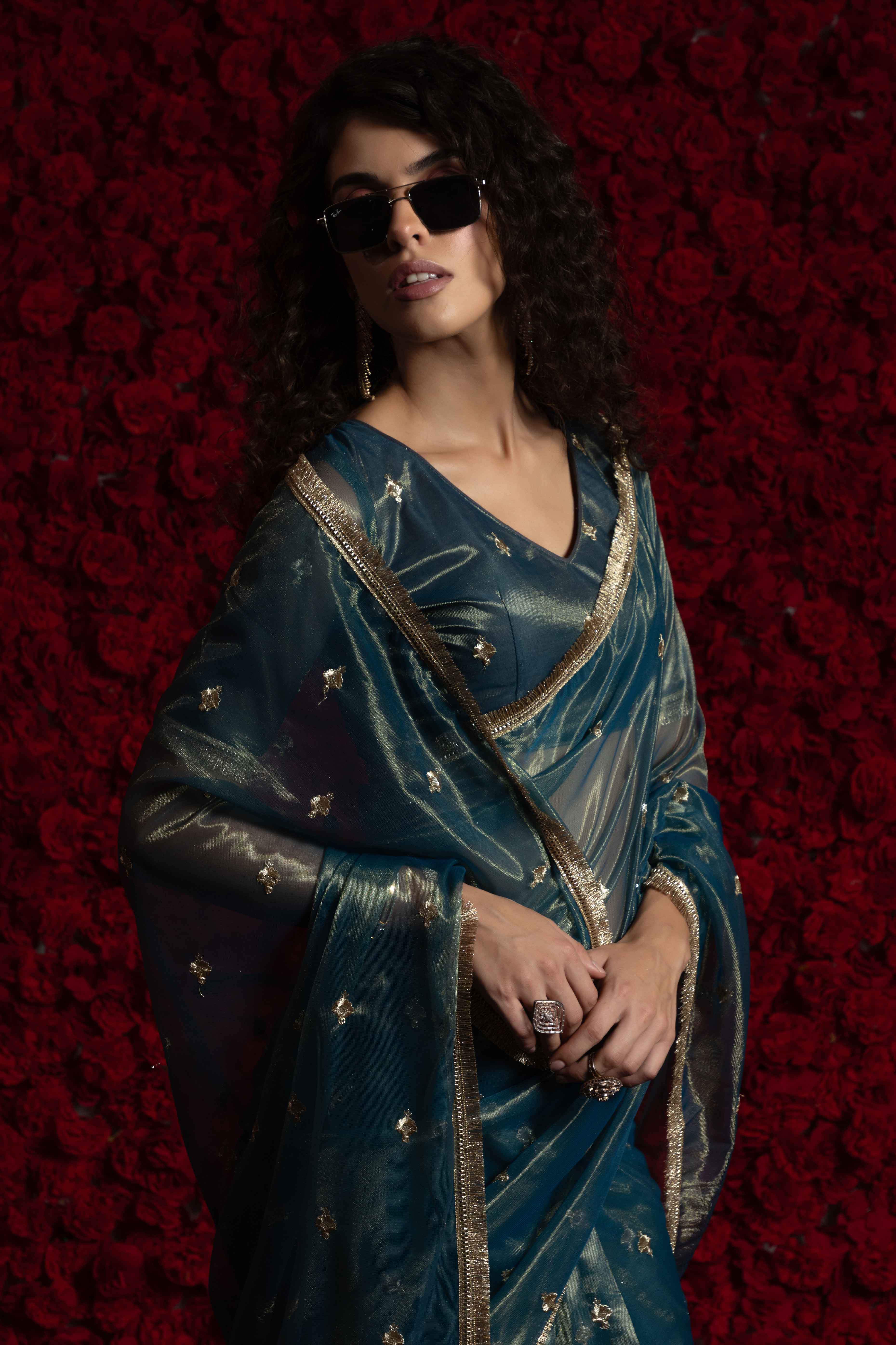 Teal Floral Zari Embroidered Net Organza Saree with Intricate Handwork Lace Border - Image 5