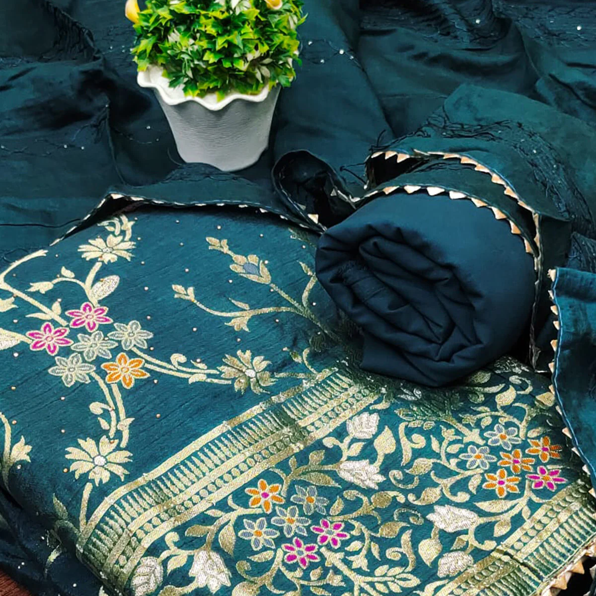 Teal Floral Zari Weaving Banarasi Silk Dress Material - Image 2