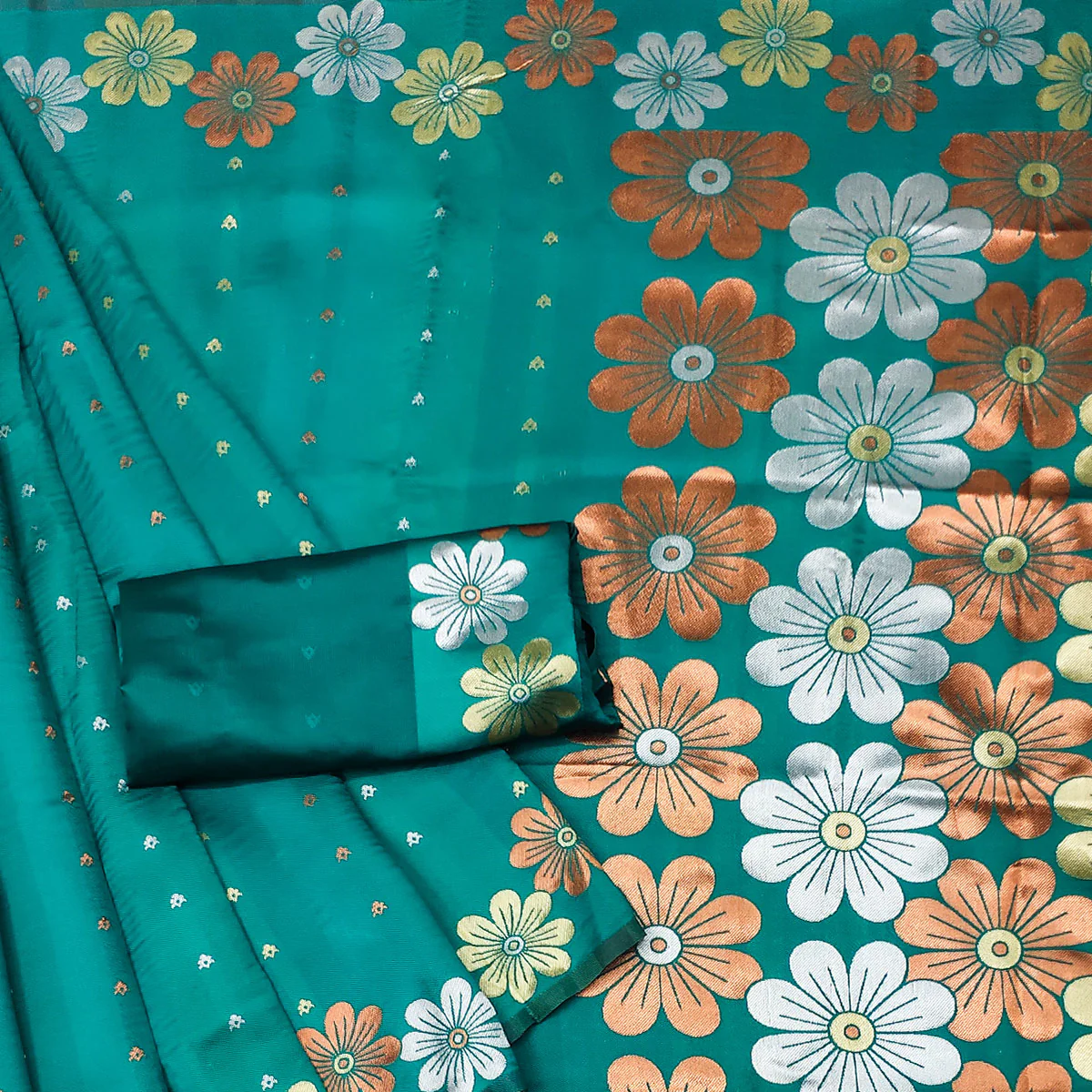 Teal Floral Zari Woven Cotton Silk Saree - Image 2