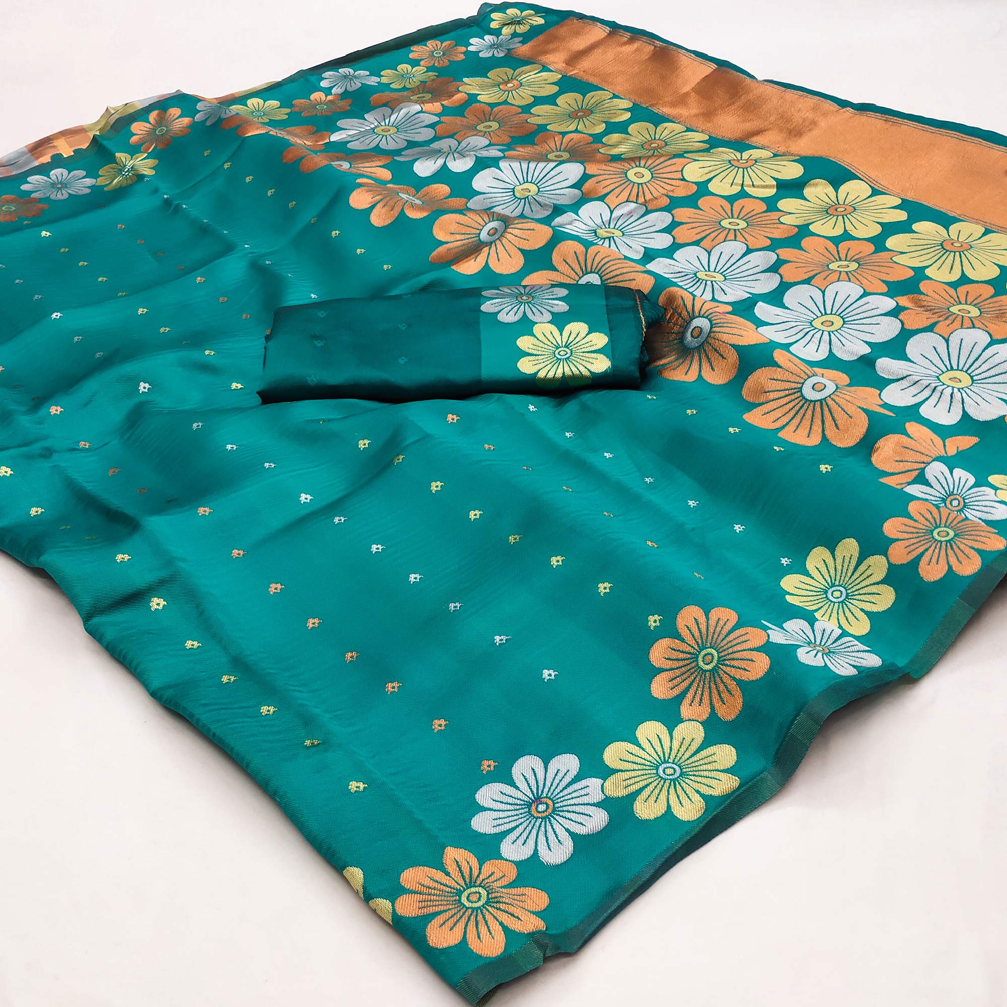 Teal Floral Zari Woven Cotton Silk Saree - Image 3