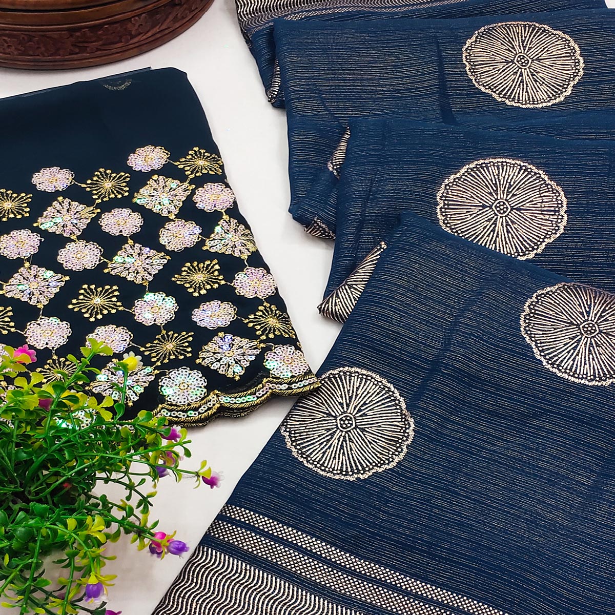 Teal Foil Printed Georgette Saree - Image 2