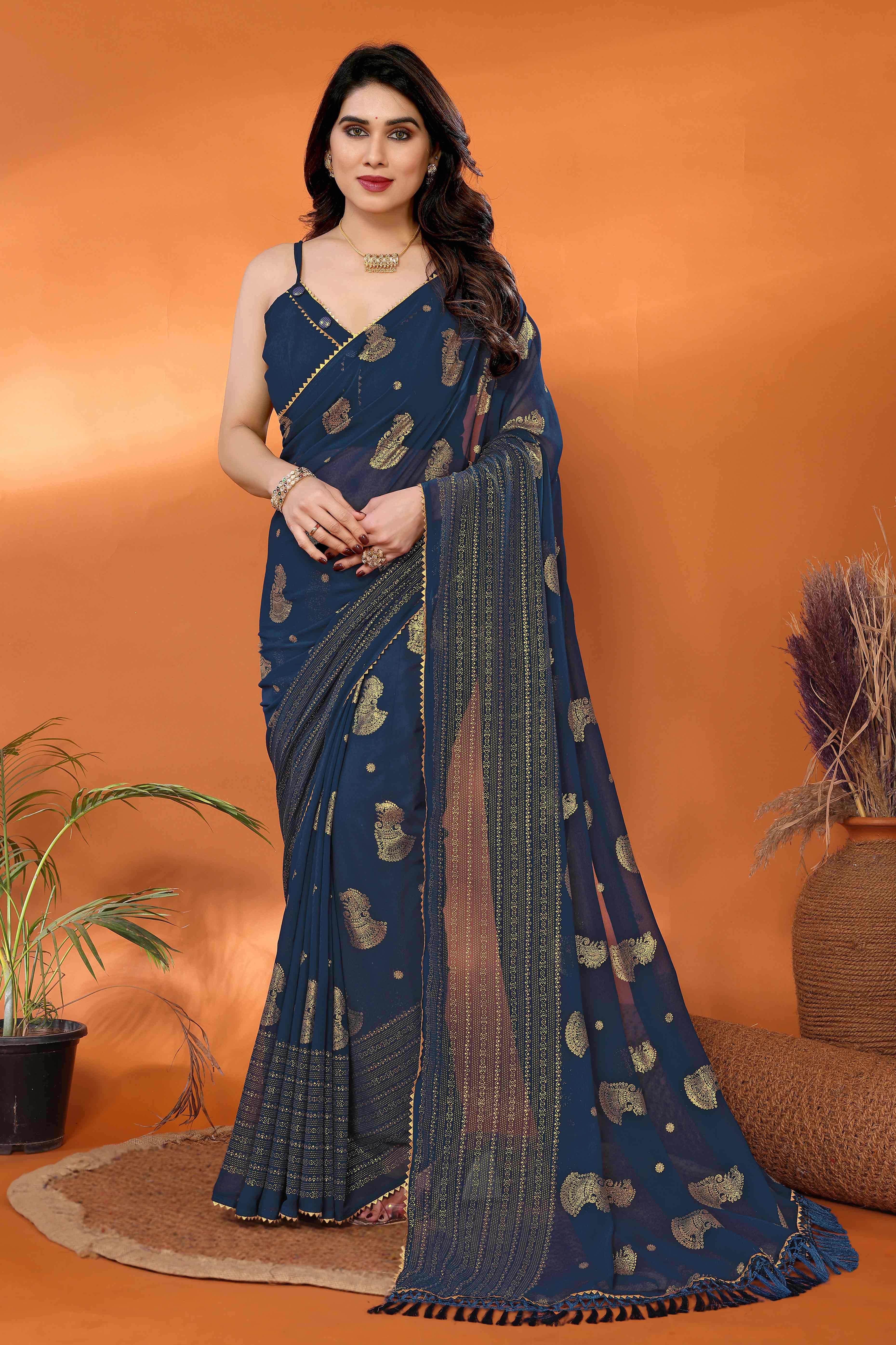 Teal Foil Printed Georgette Saree - Image 3