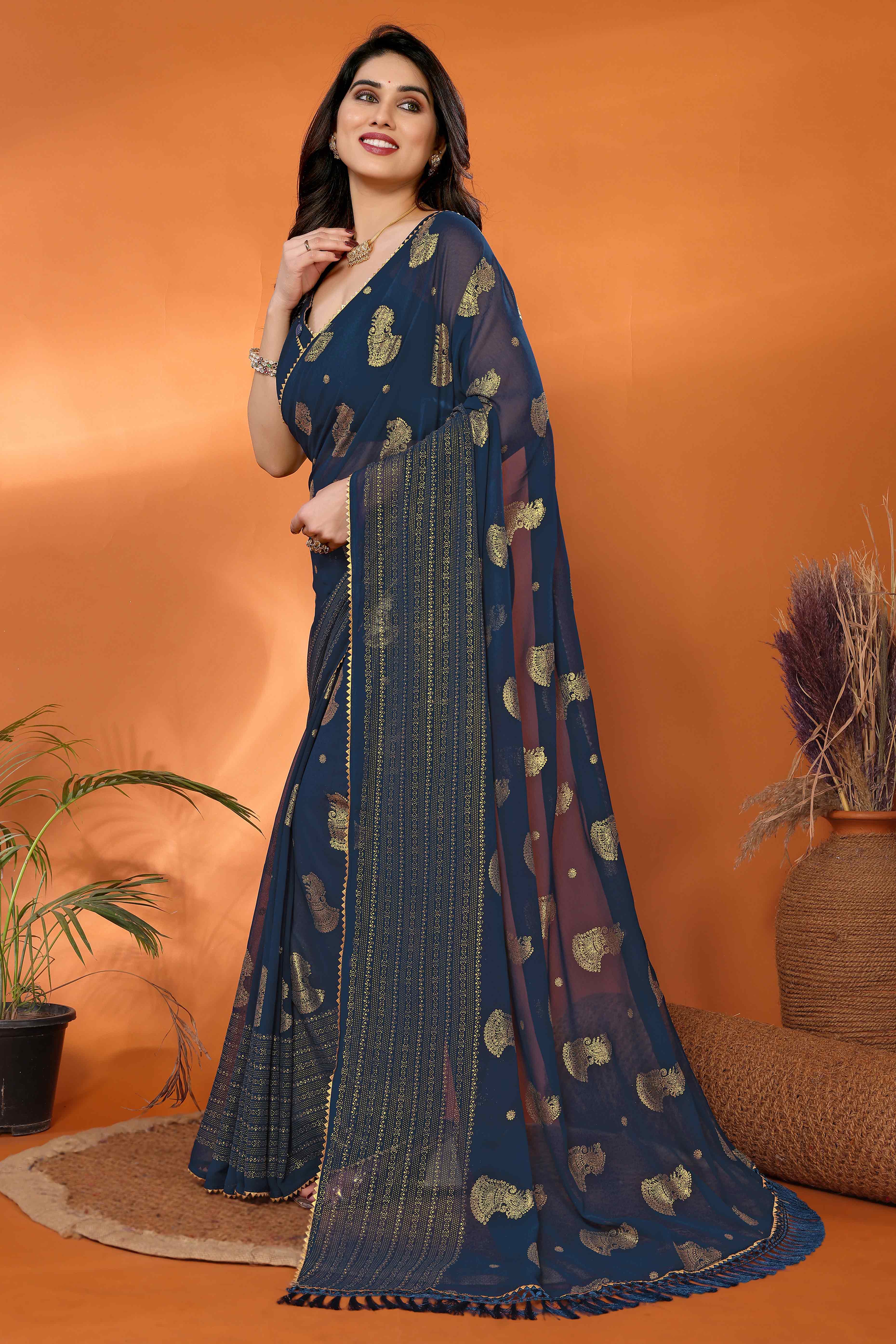 Teal Foil Printed Georgette Saree - Image 4