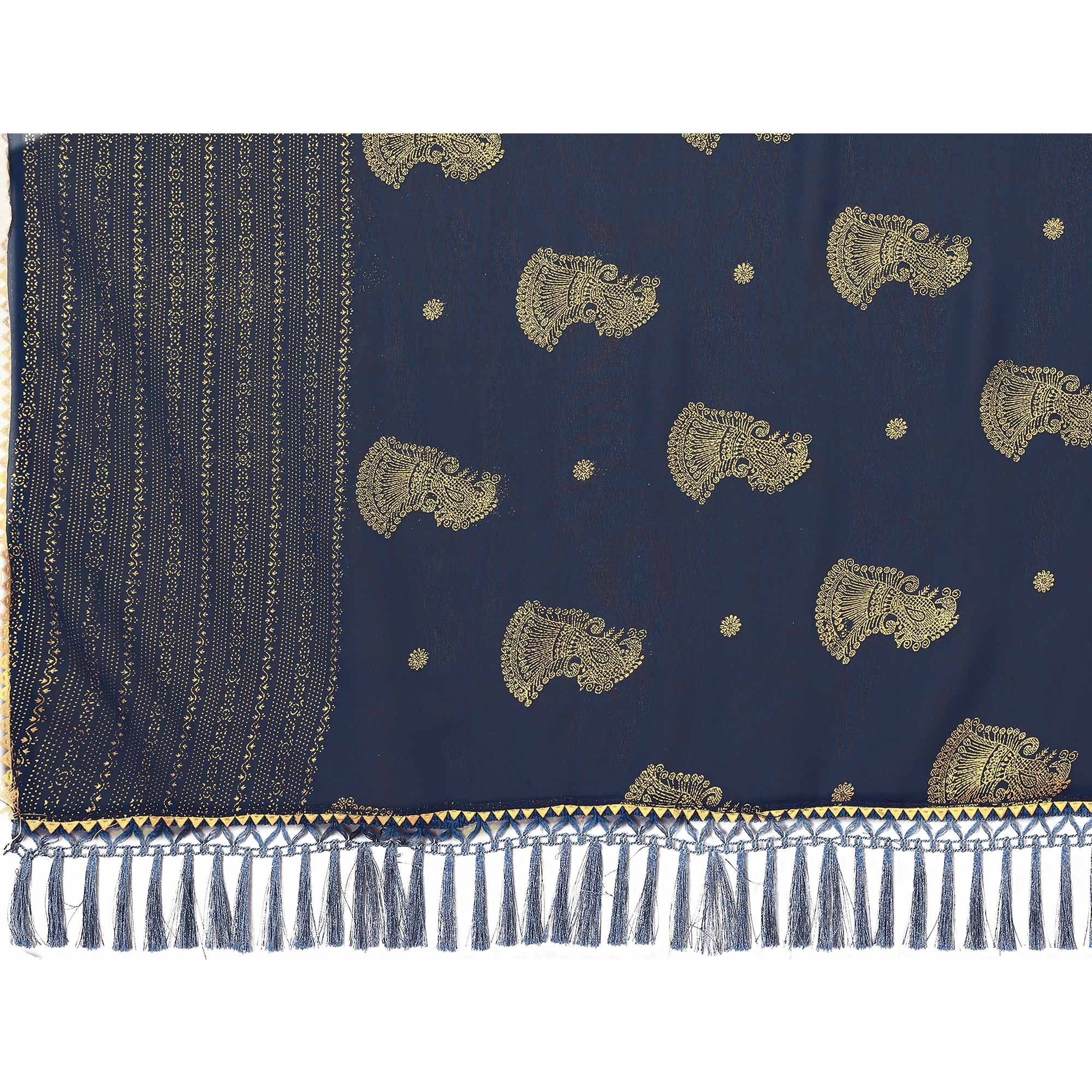Teal Foil Printed Georgette Saree - Image 8