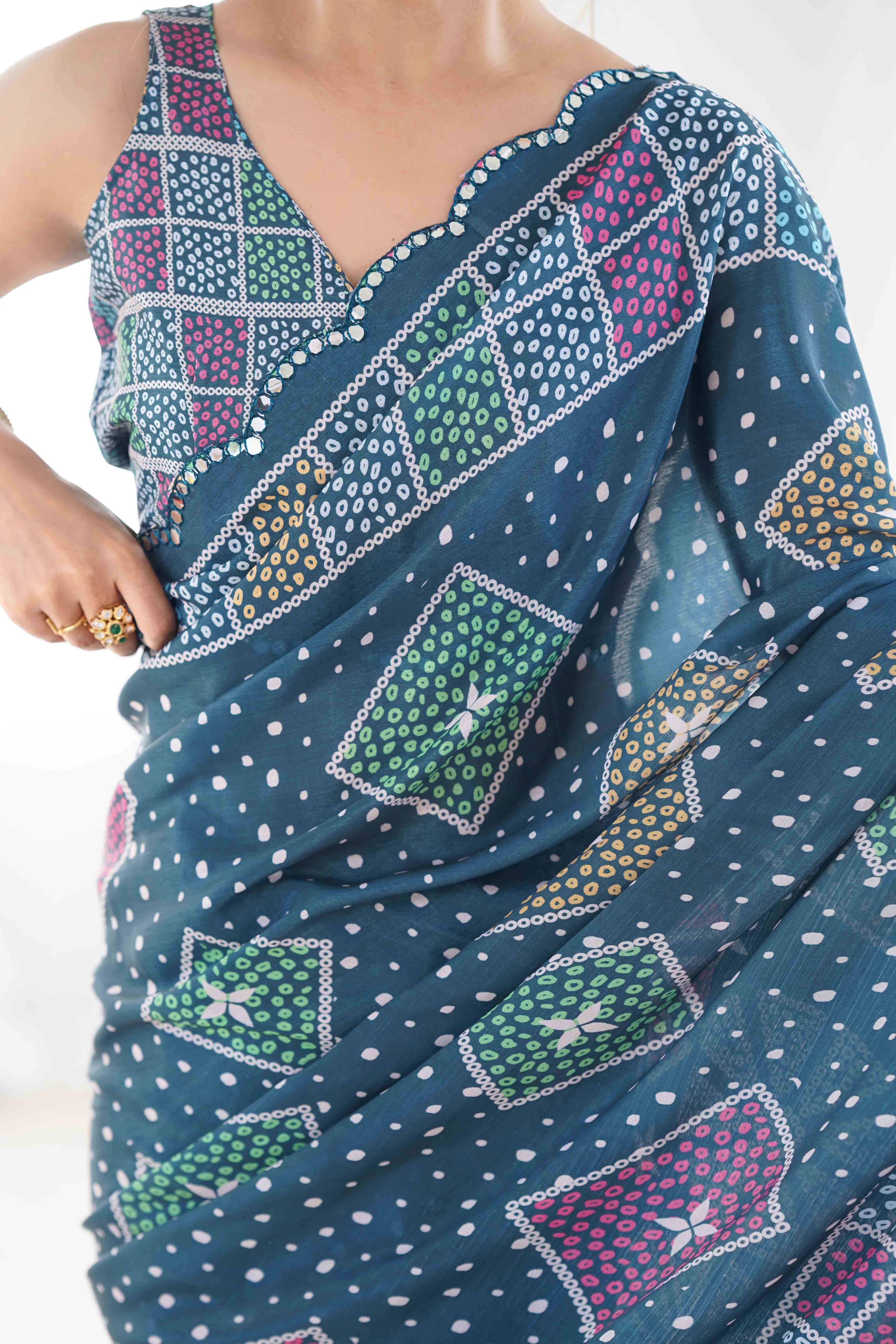Teal Geometric Printed Chinon Saree - Image 2