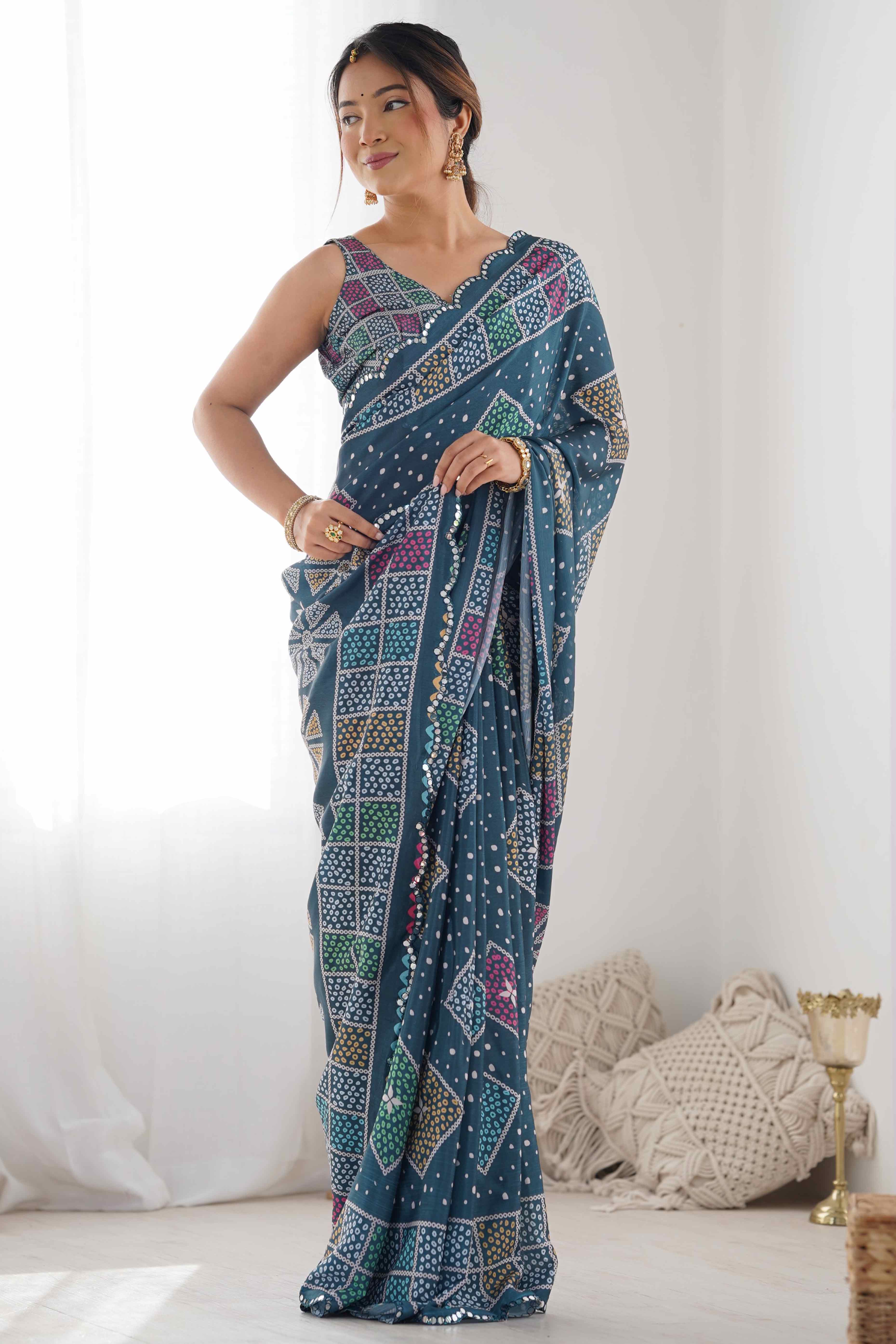 Teal Geometric Printed Chinon Saree - Image 3