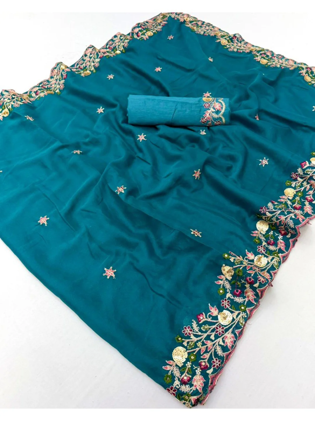 Teal Georgette Saree with Heavy Coding Sequins Embroidery Work - Image 3