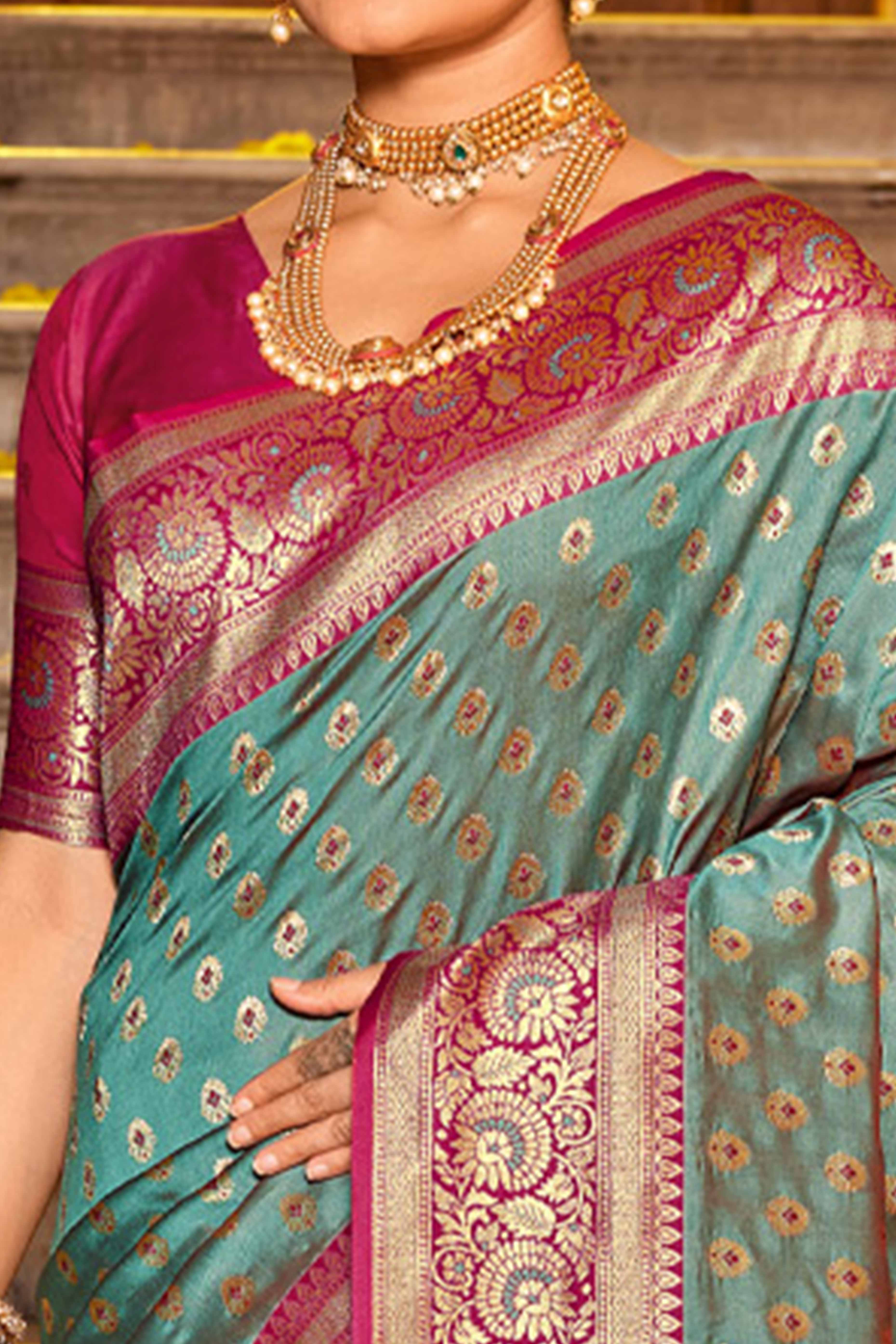 Teal Green Banarasi Silk Saree Featuring Intricate Floral Weaving & Elegant Tassel Pallu - Image 2