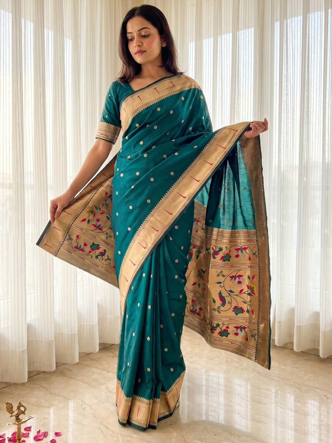 Teal Green Floral Weaving Banarasi Silk Paithani Saree With Zari Border & Designer Pallu