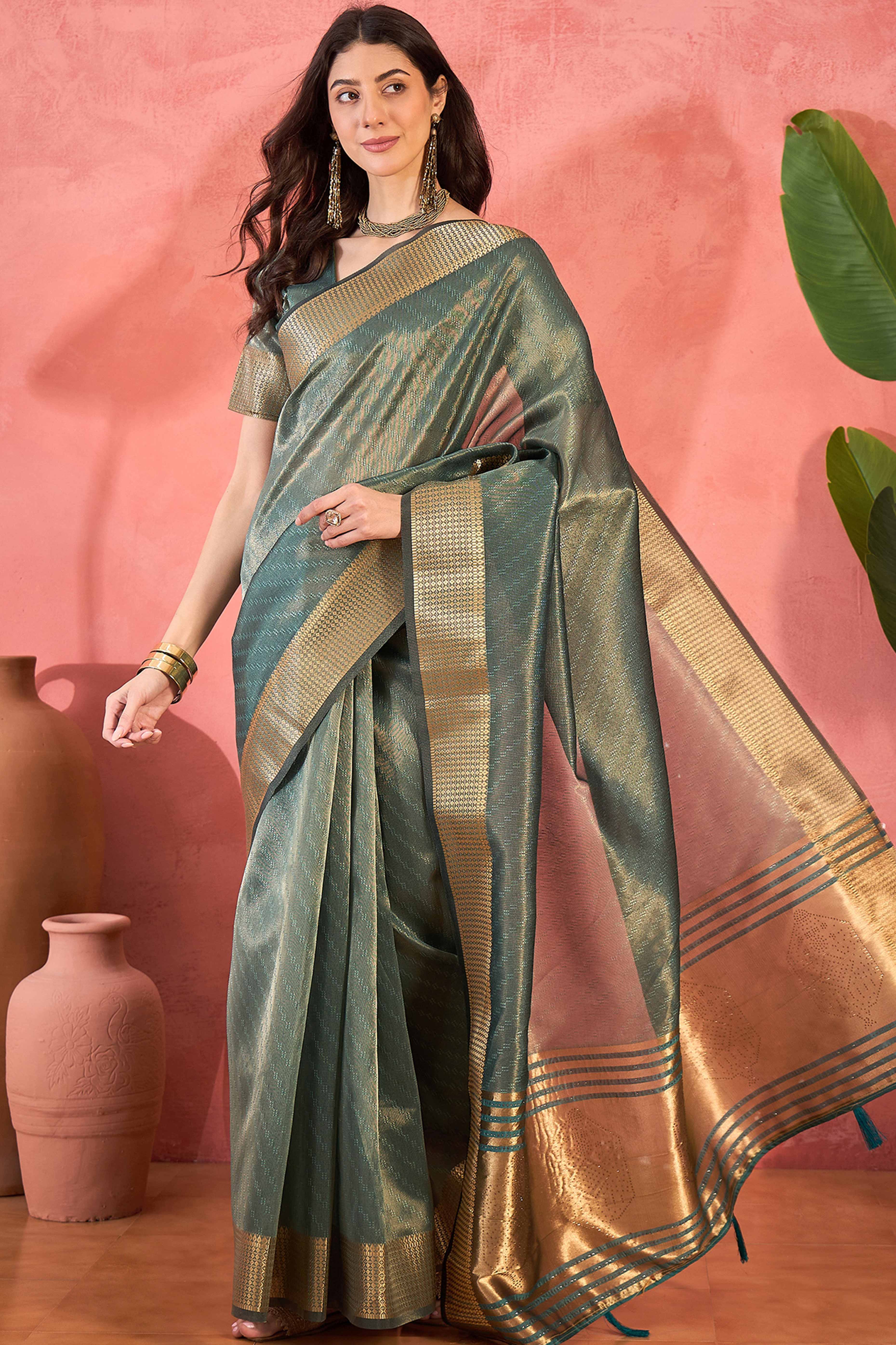 Teal Green Khadi Organza Saree Intricate Weaving & Sparkling Stonework With Tassel Pallu - Image 3
