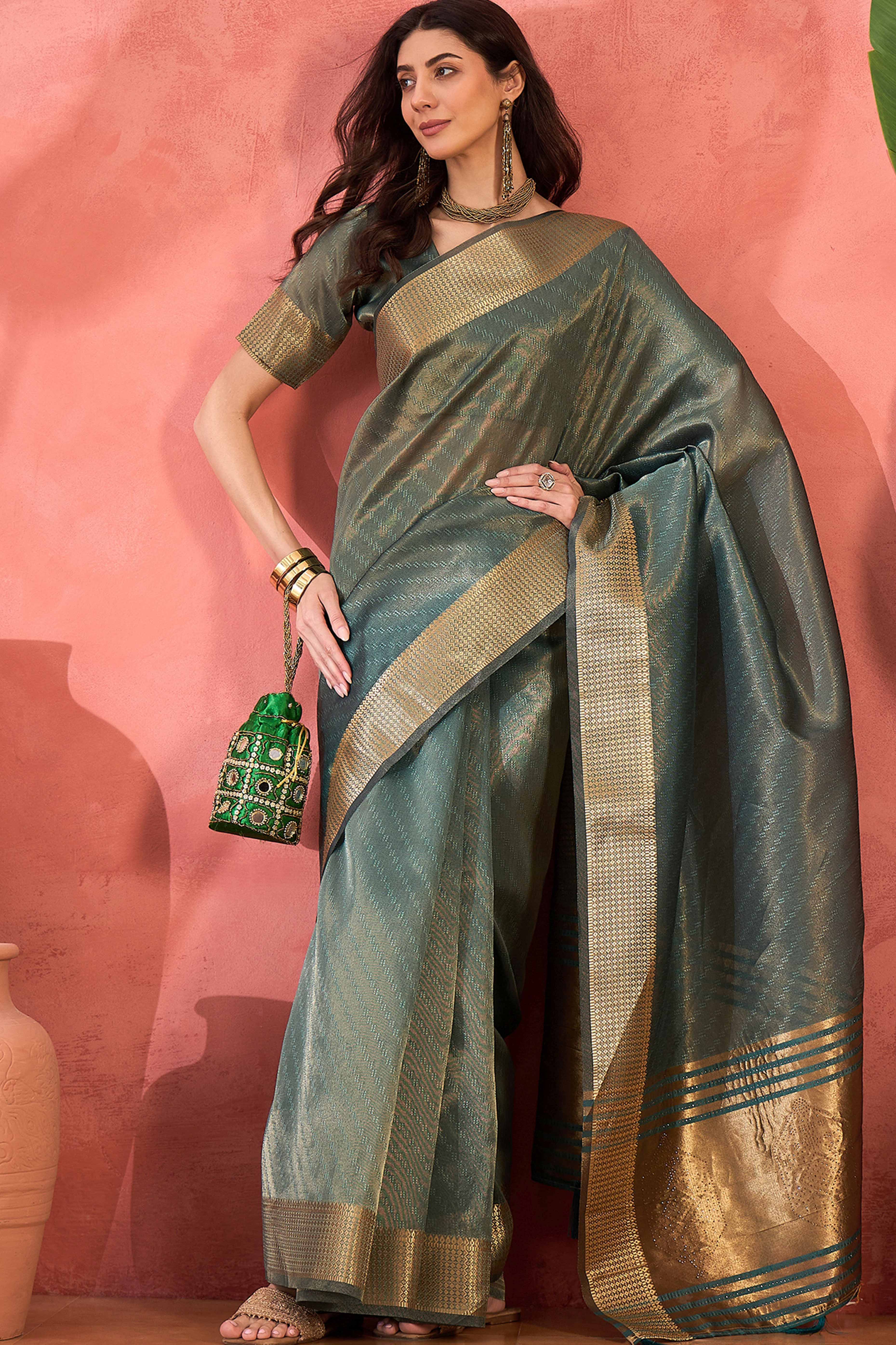 Teal Green Khadi Organza Saree Intricate Weaving & Sparkling Stonework With Tassel Pallu - Image 4