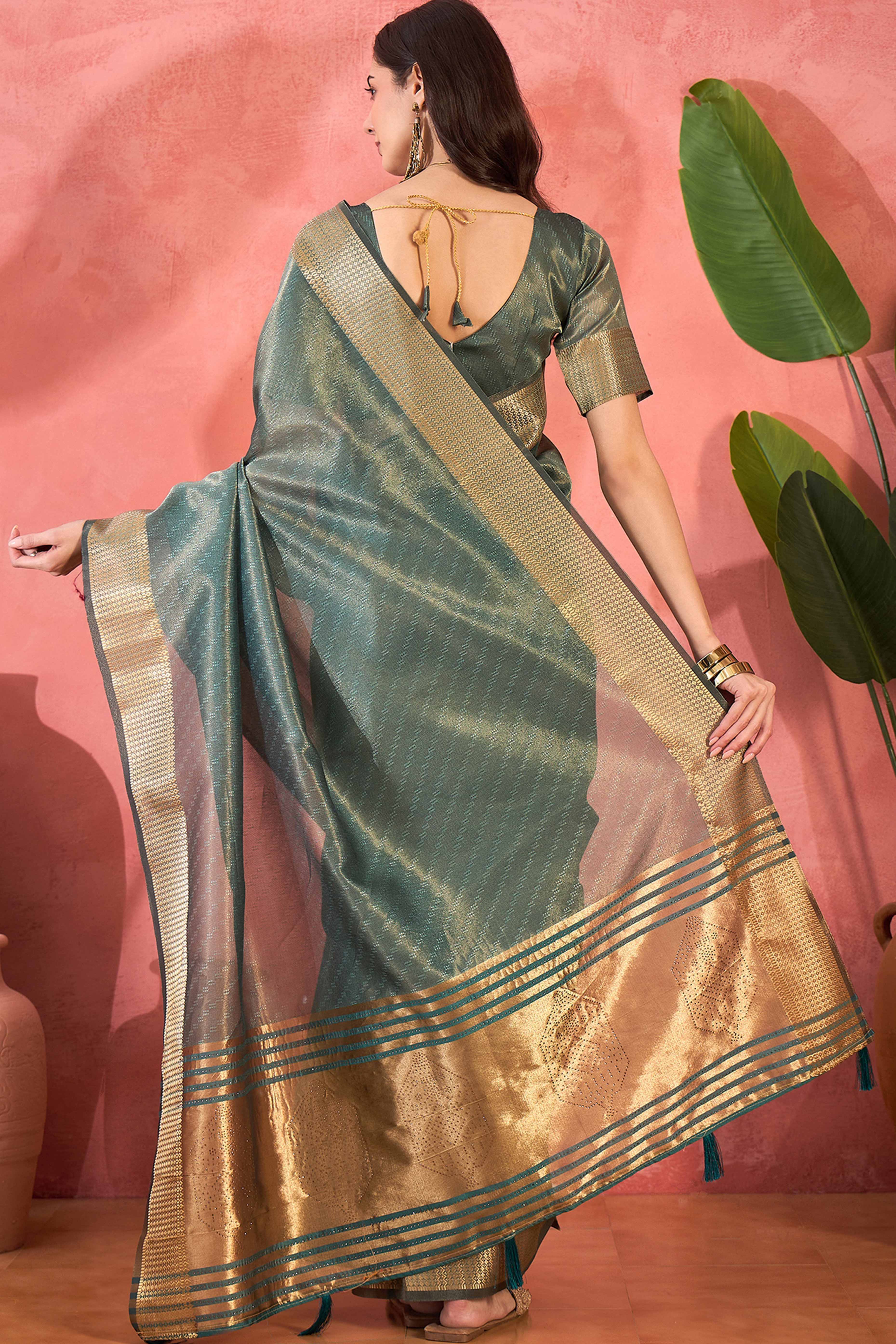 Teal Green Khadi Organza Saree Intricate Weaving & Sparkling Stonework With Tassel Pallu - Image 5