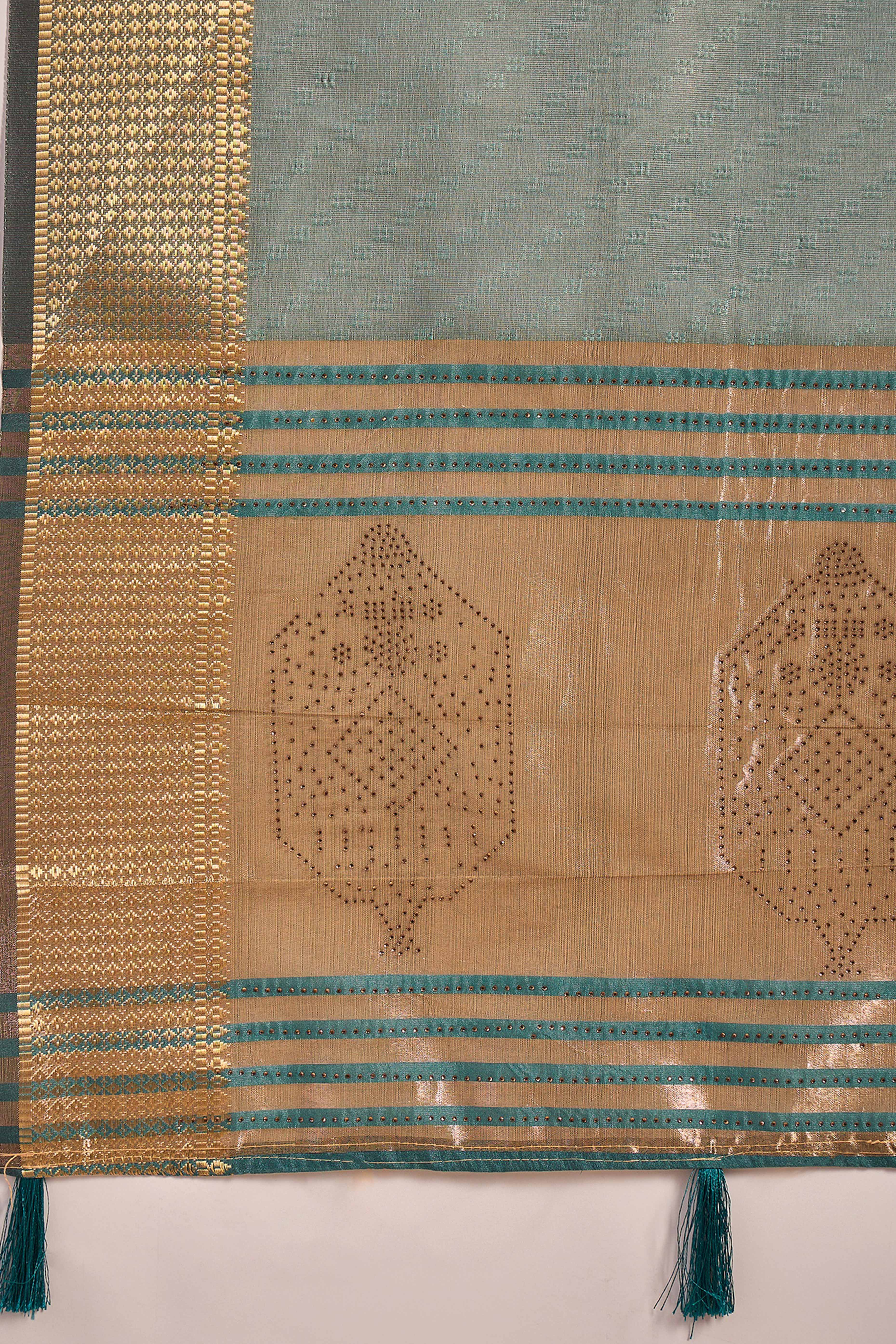 Teal Green Khadi Organza Saree Intricate Weaving & Sparkling Stonework With Tassel Pallu - Image 8