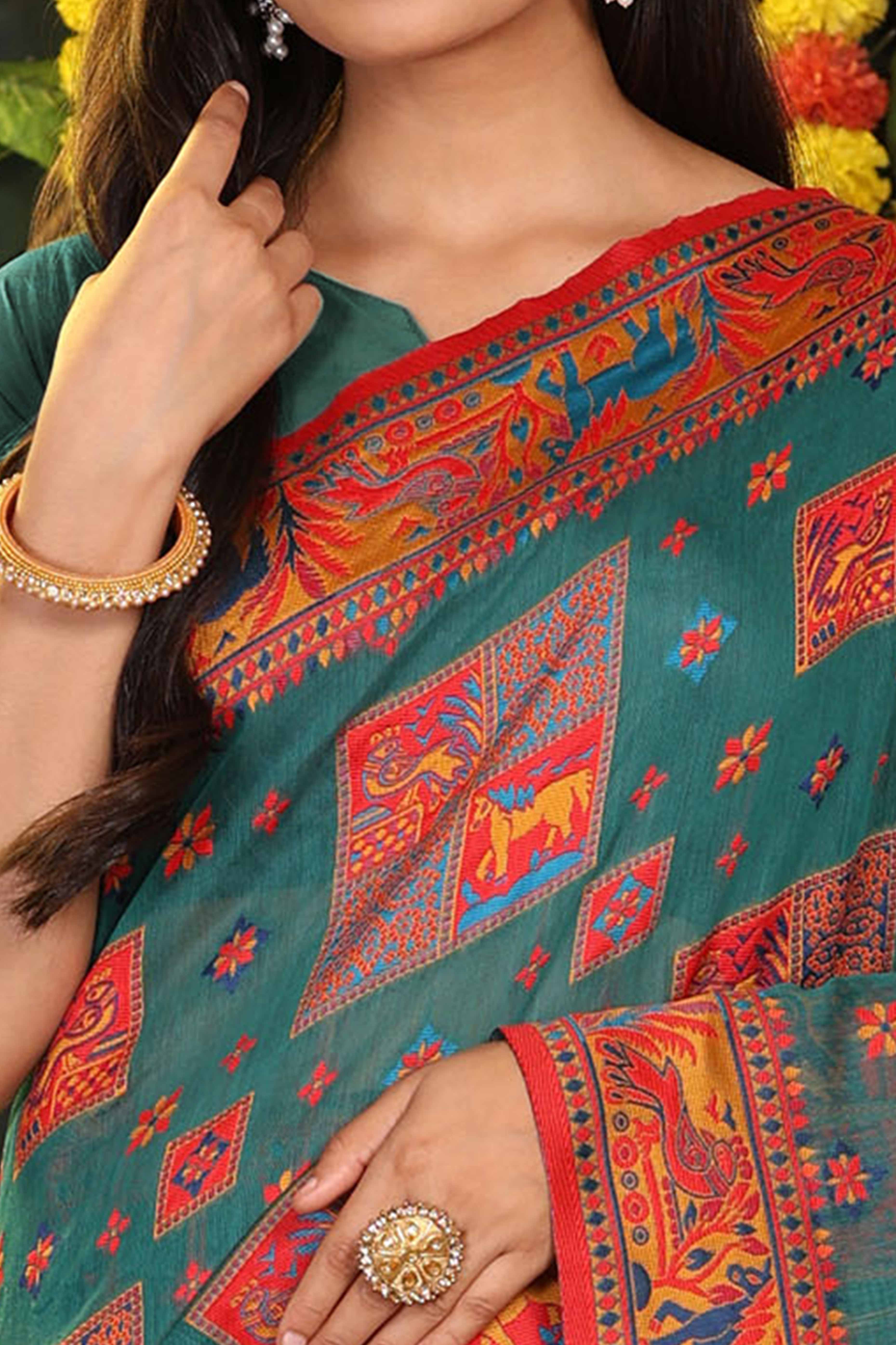 Teal Green Linen Cotton Saree Adorned With Floral Zari Weaving & Tassel Pallu - Image 2