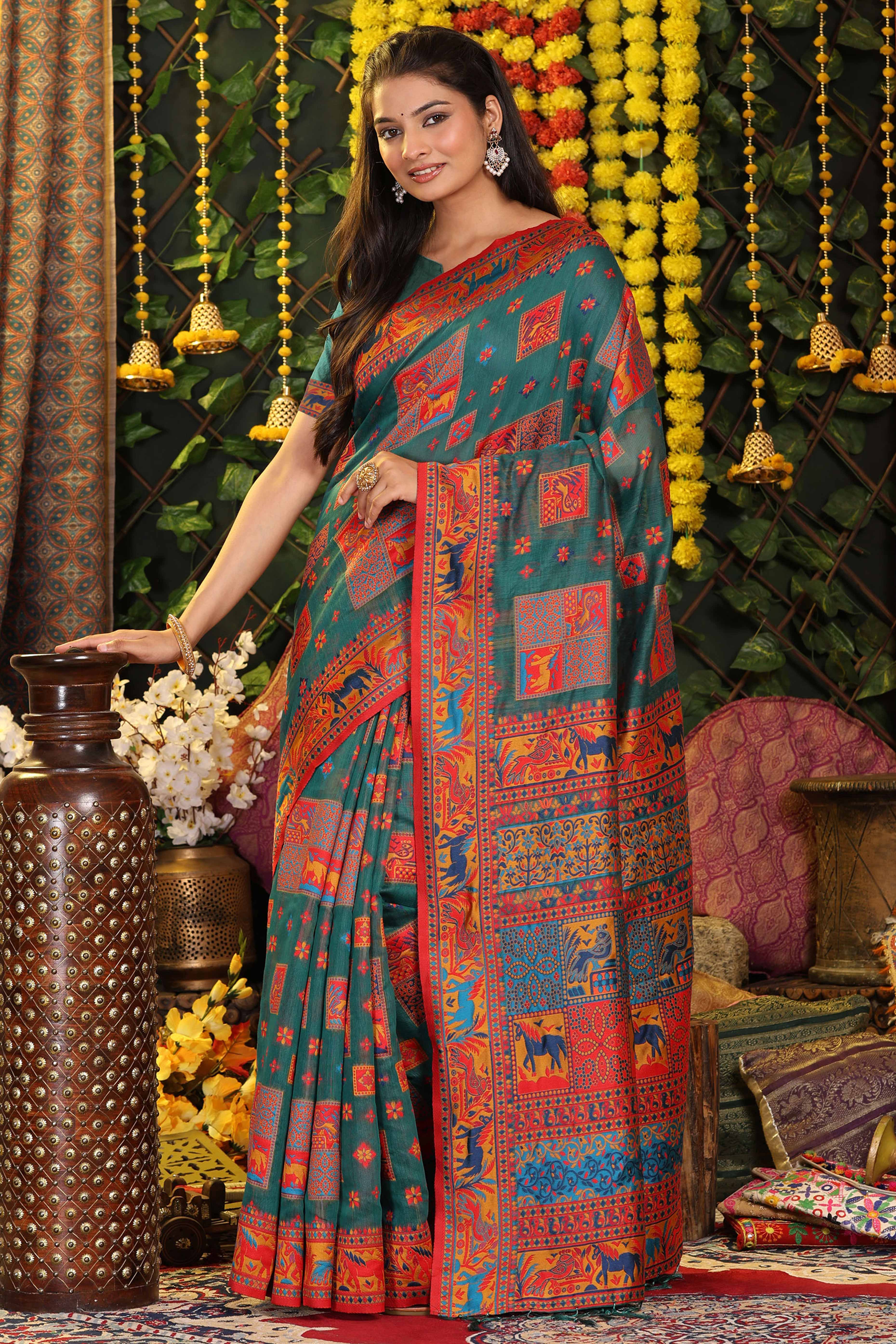 Teal Green Linen Cotton Saree Adorned With Floral Zari Weaving & Tassel Pallu - Image 3