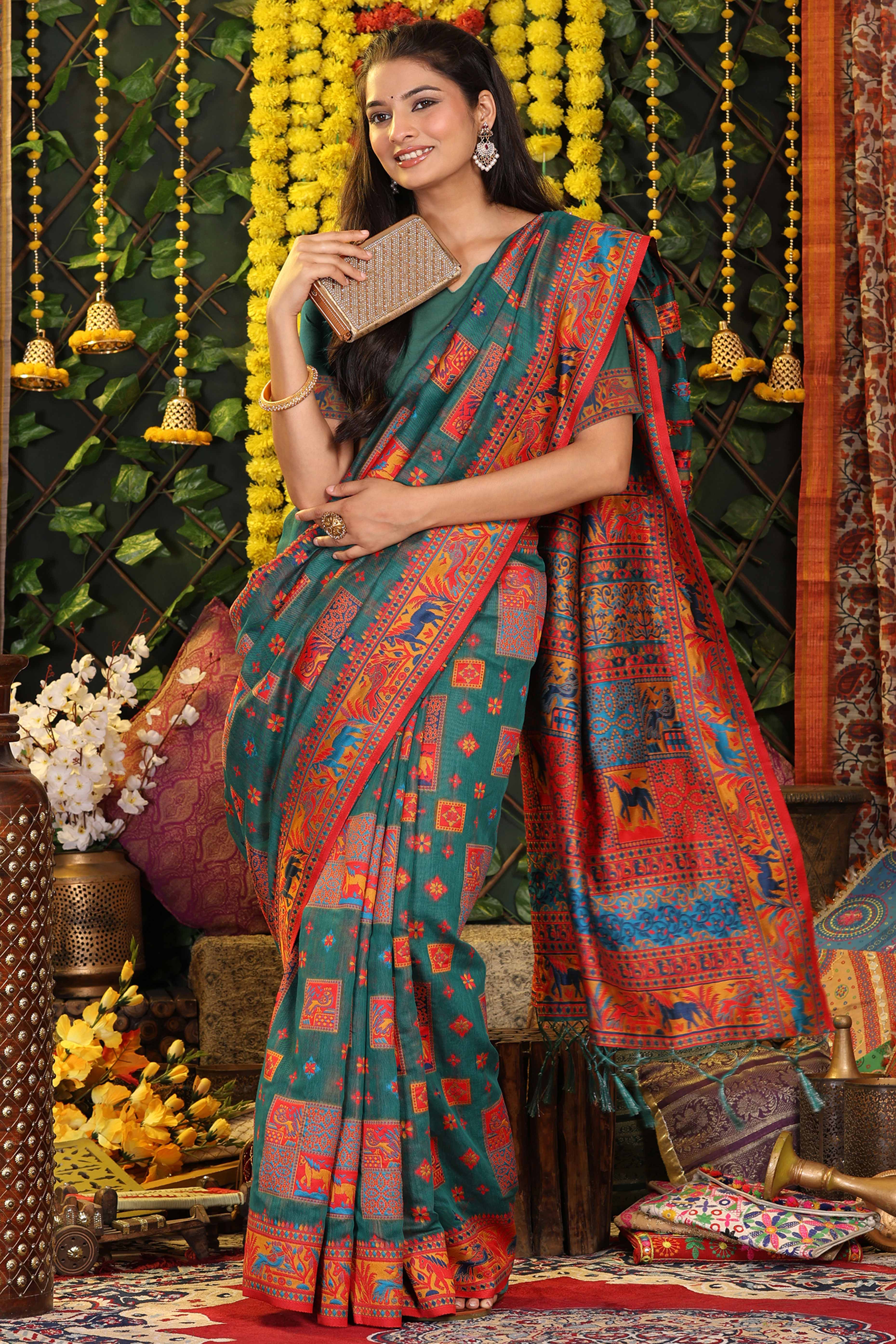 Teal Green Linen Cotton Saree Adorned With Floral Zari Weaving & Tassel Pallu - Image 4