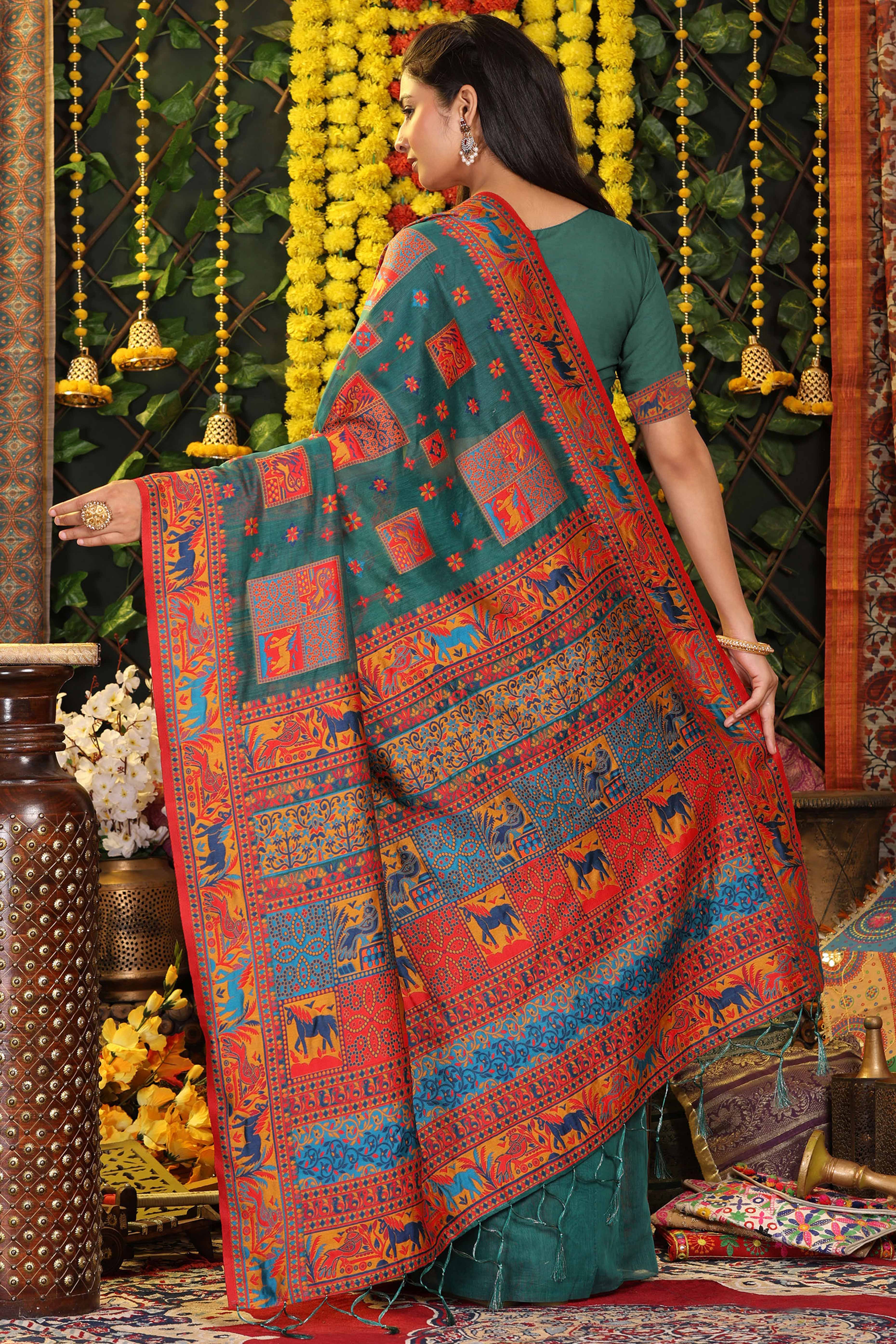 Teal Green Linen Cotton Saree Adorned With Floral Zari Weaving & Tassel Pallu - Image 5