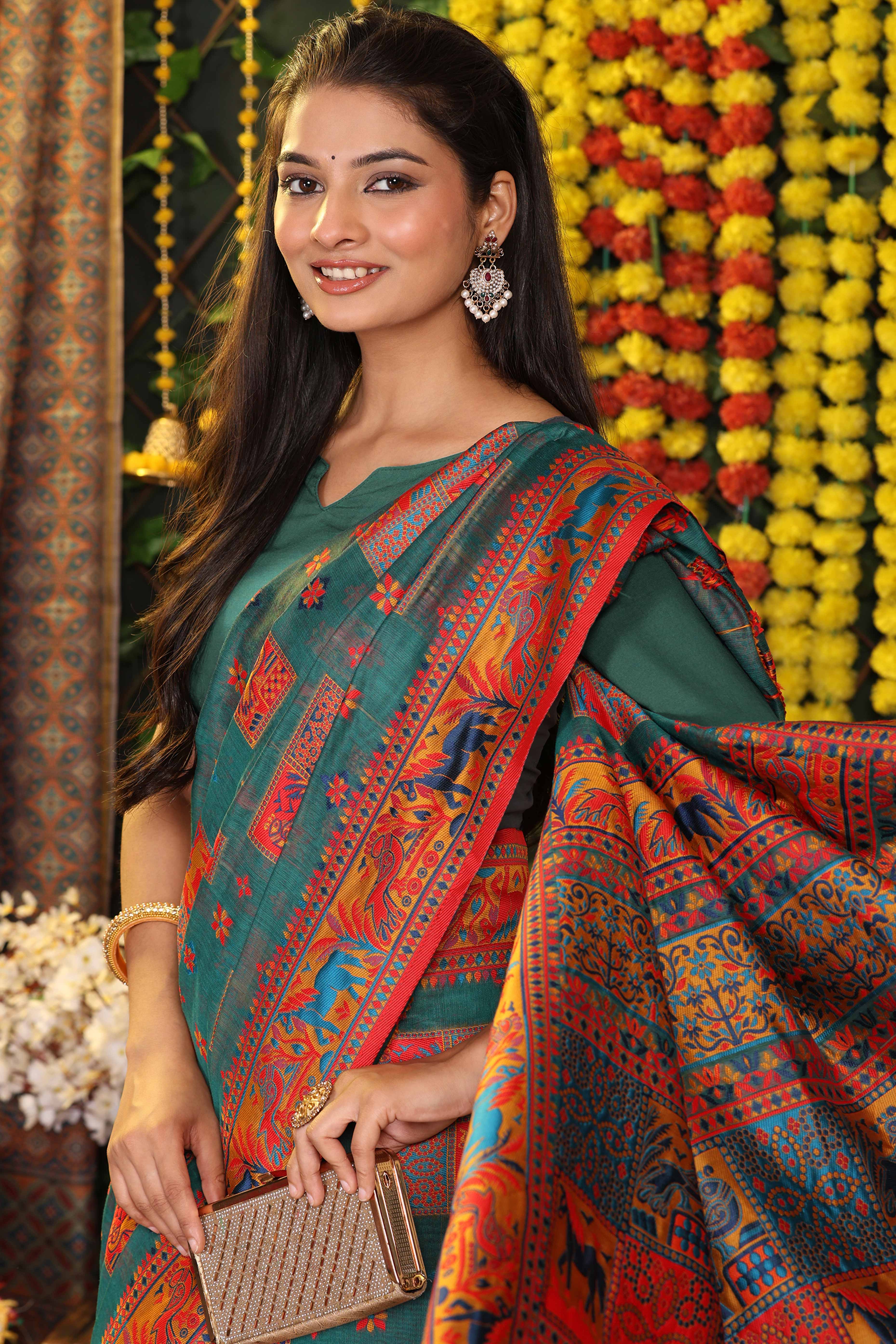 Teal Green Linen Cotton Saree Adorned With Floral Zari Weaving & Tassel Pallu - Image 6