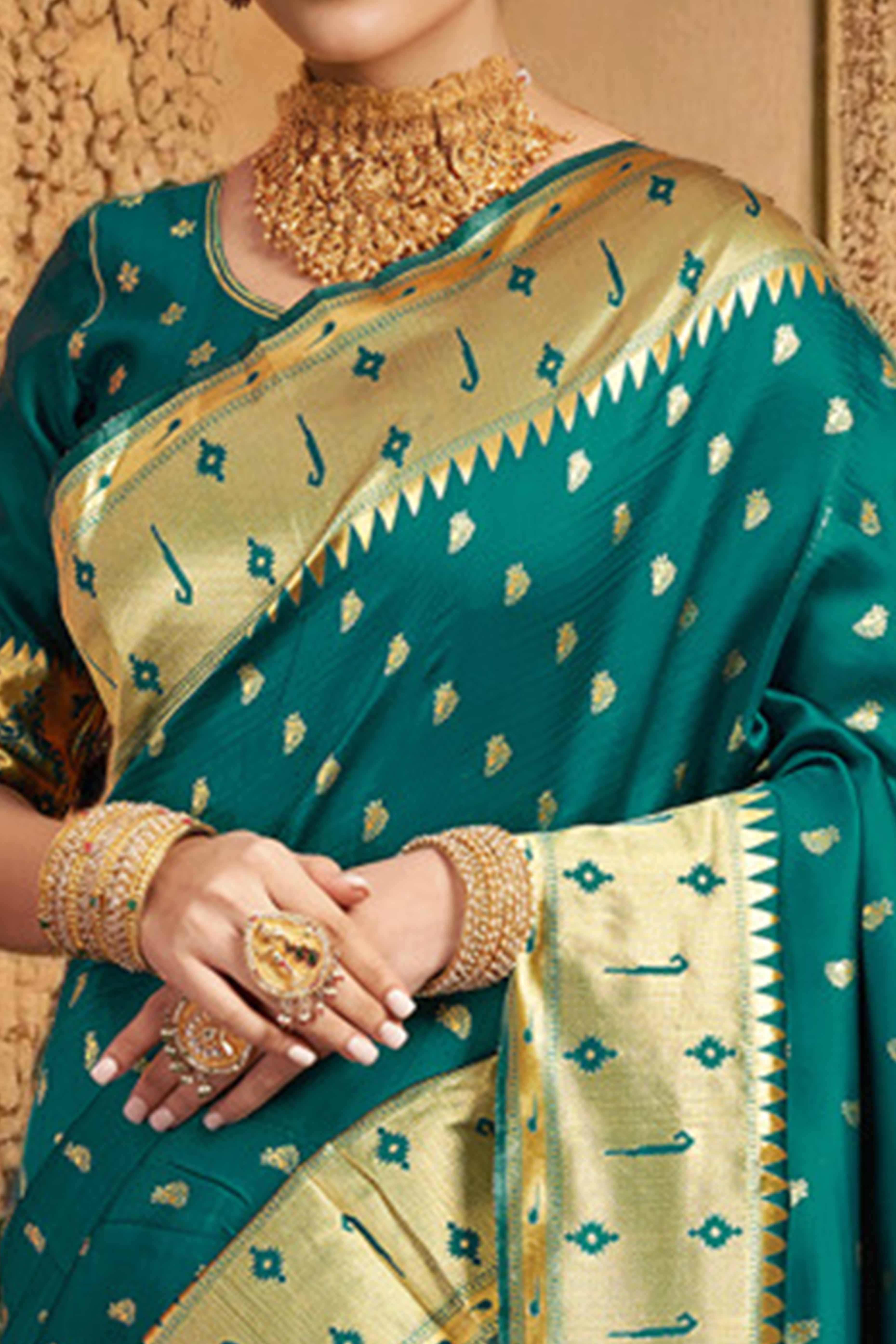 Teal Green Paithani Saree In Silk Blend Highlighted With Zari Woven Peacock & Floral Motifs - Image 2