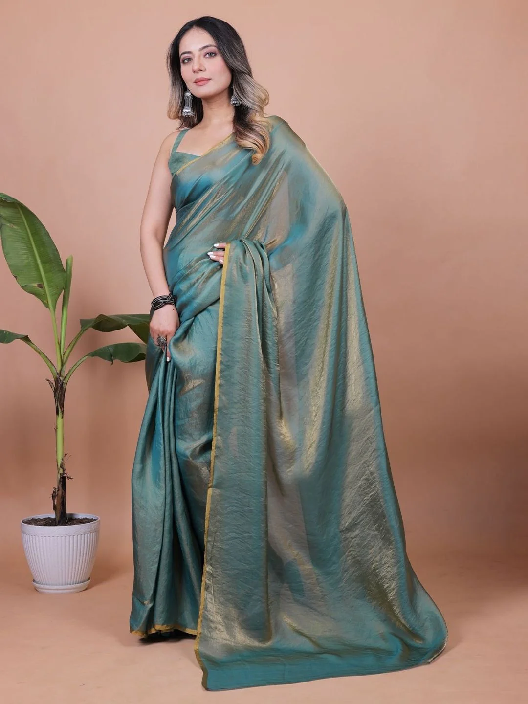 Teal Green Solid Chiffon Saree Perfect for Parties & Festive Occasions - Image 5