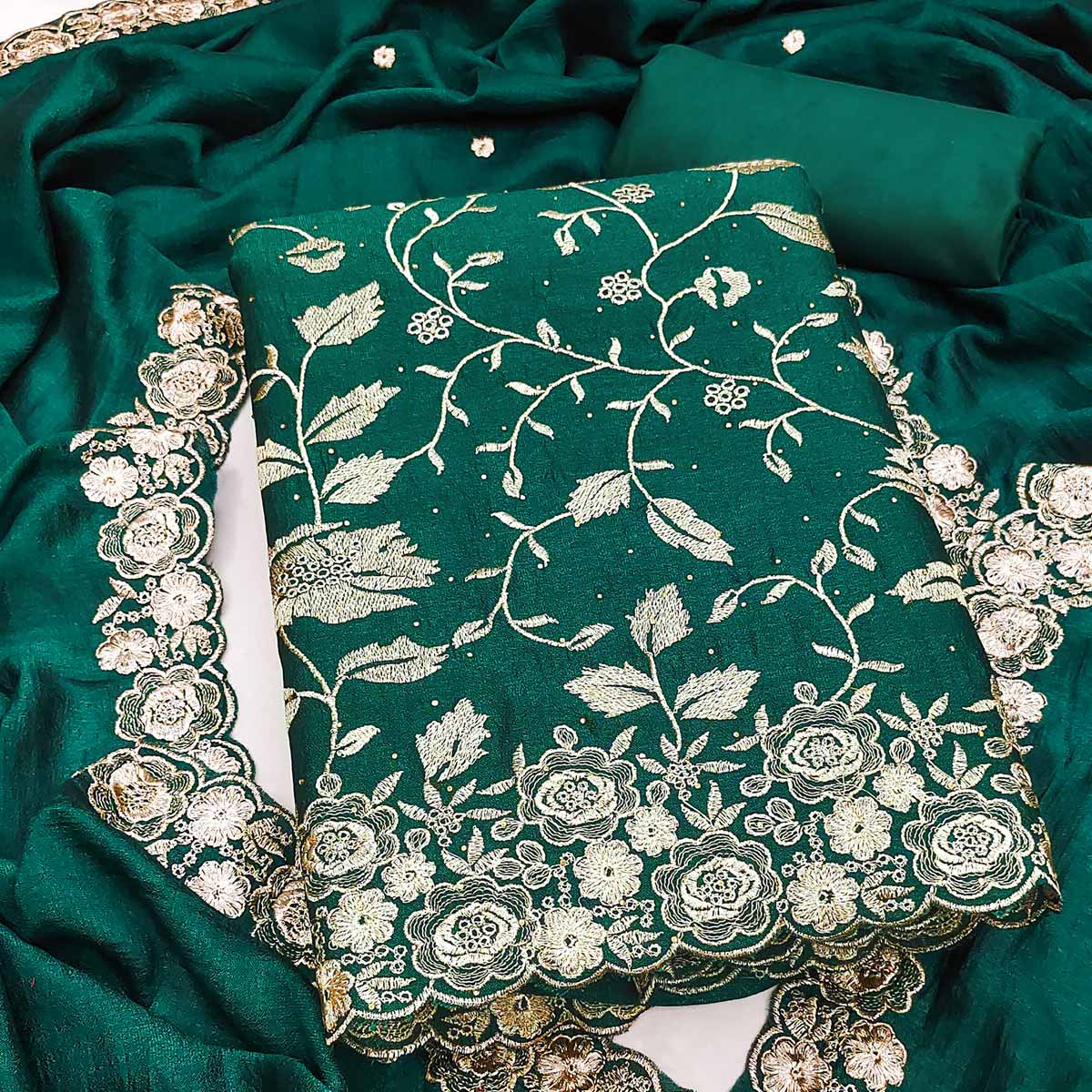 Teal Green Vichitra Silk Dress Material With Delicate Floral Embroidery & Sparkling Stone Accents - Image 2