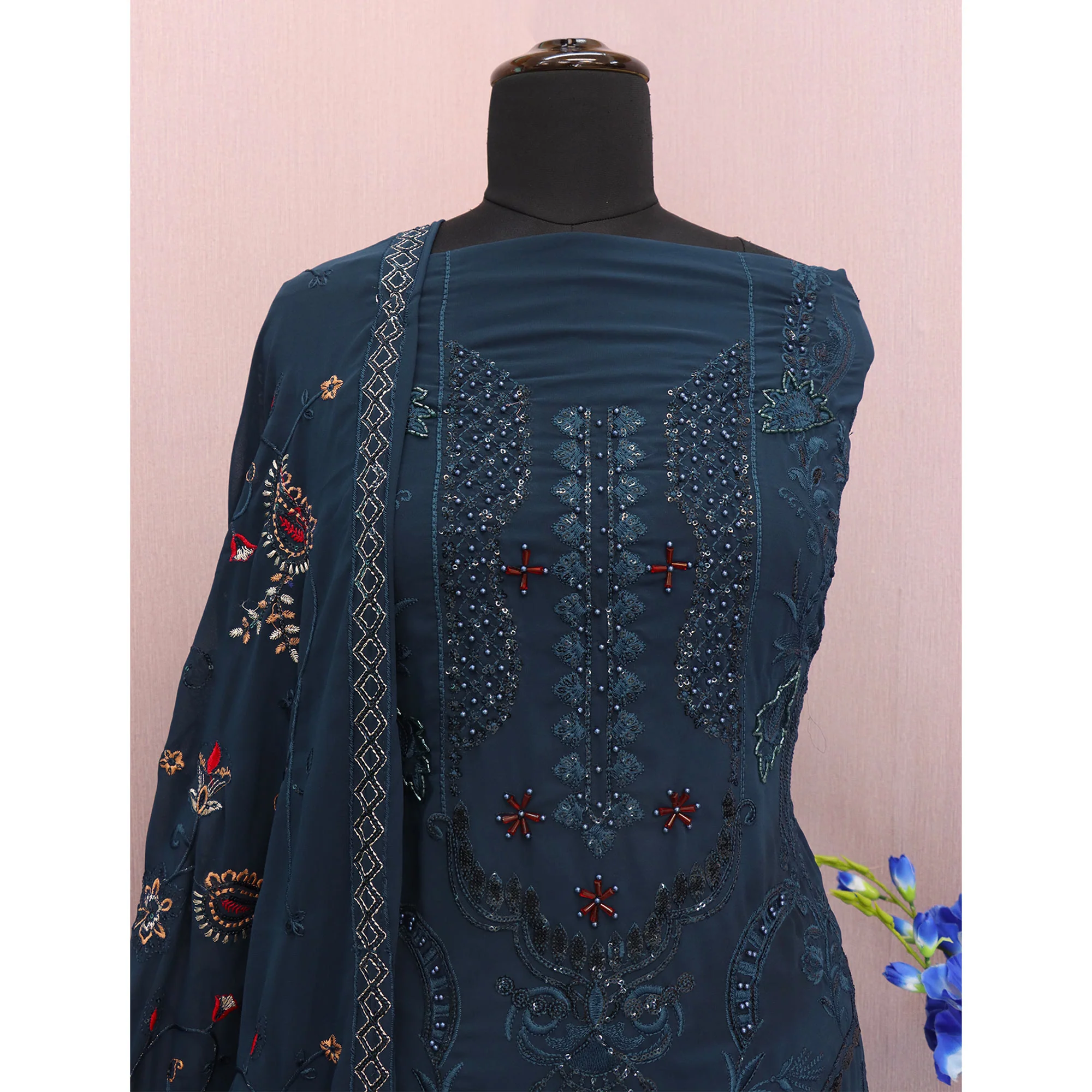Teal Heavy Embroidered Work Georgette Dress Material - Image 5