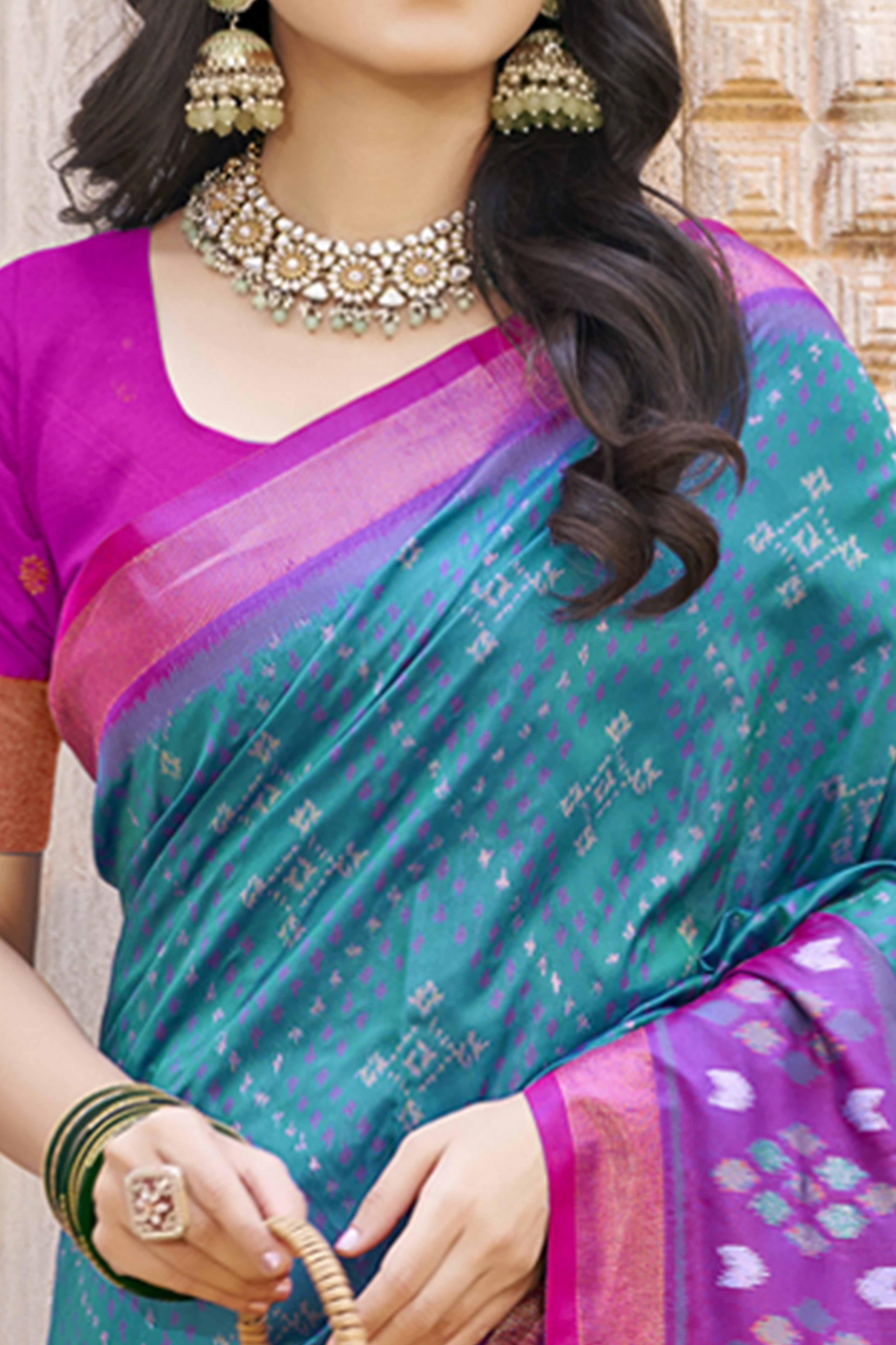 Teal Ikkat Woven Silk Saree for Festive Celebrations - Image 2
