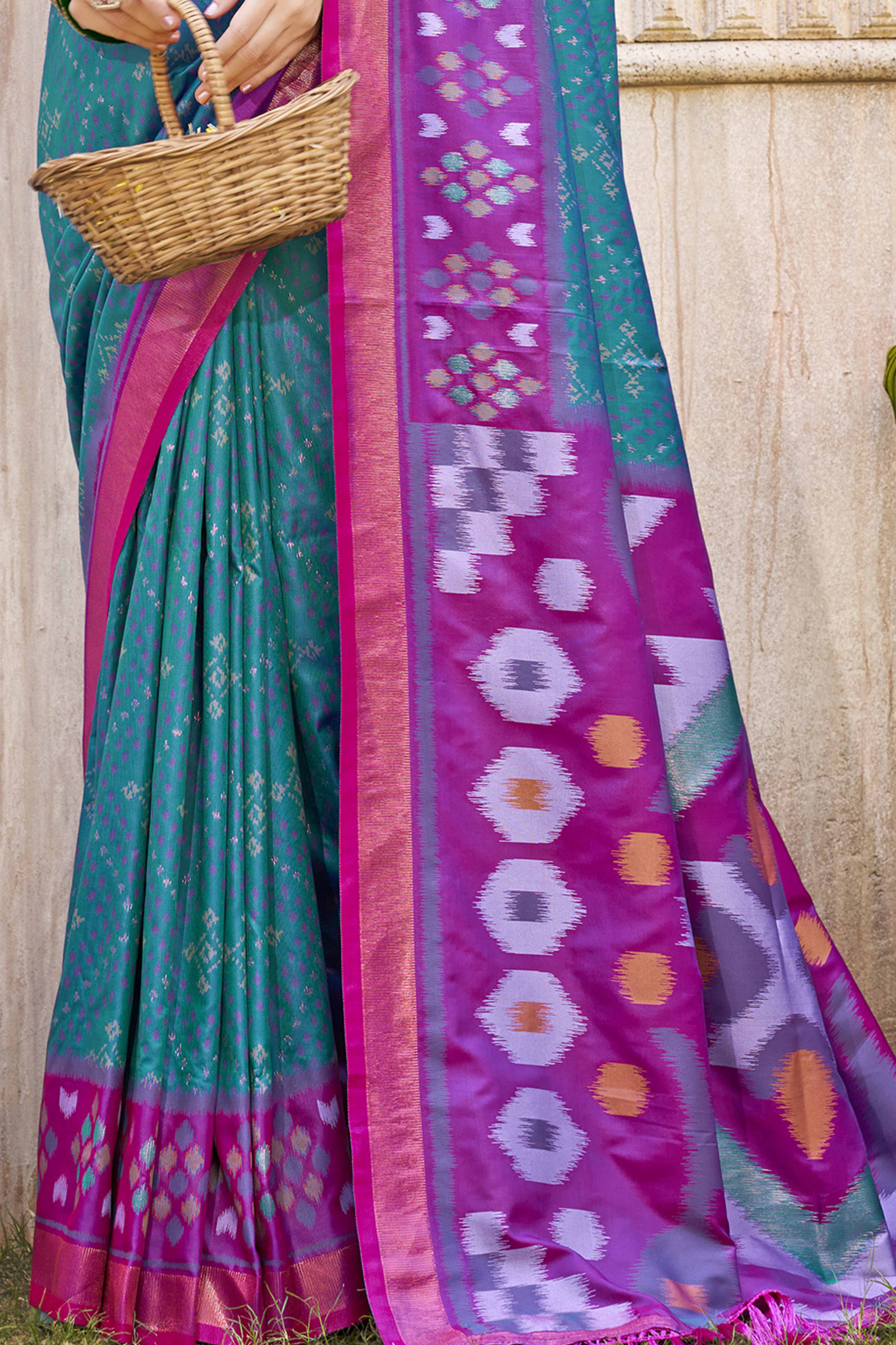 Teal Ikkat Woven Silk Saree for Festive Celebrations - Image 4
