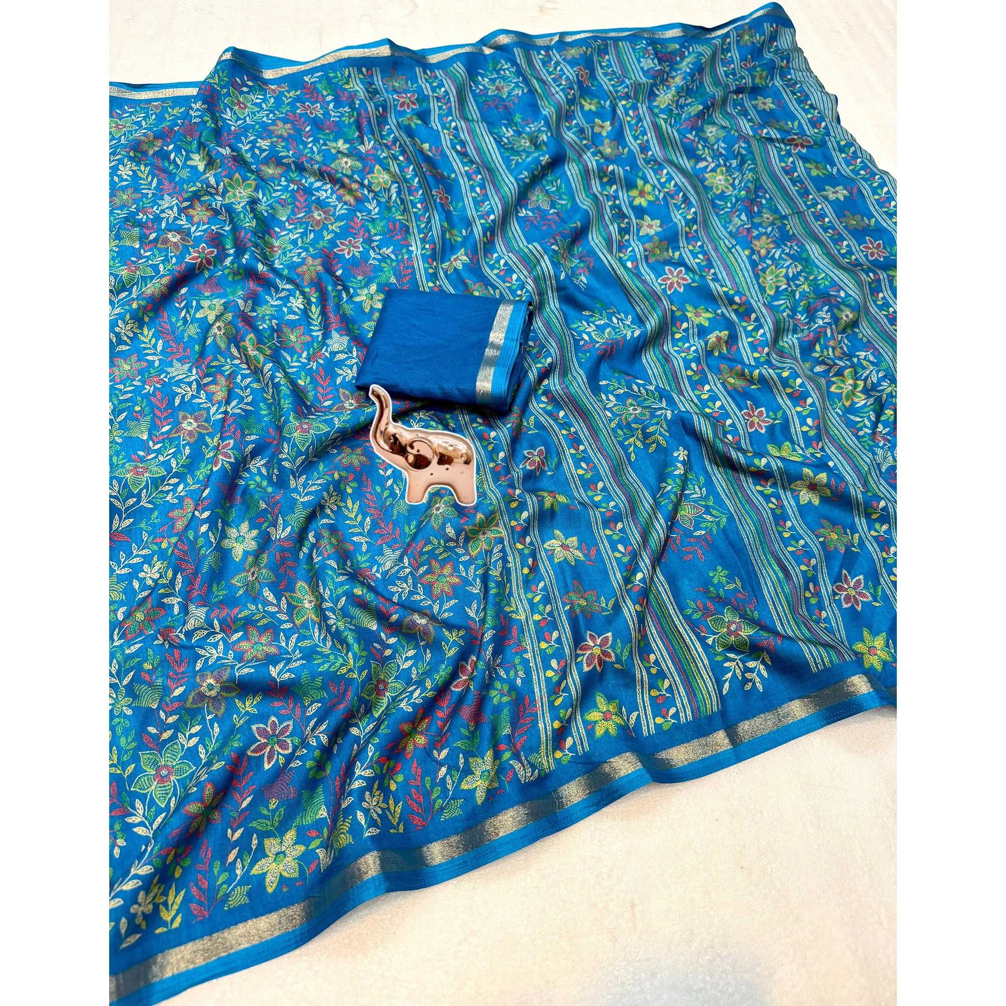 Teal Kashmiri Inspired Floral Printed Tussar Silk Saree for Ethnic Occasions - Image 3