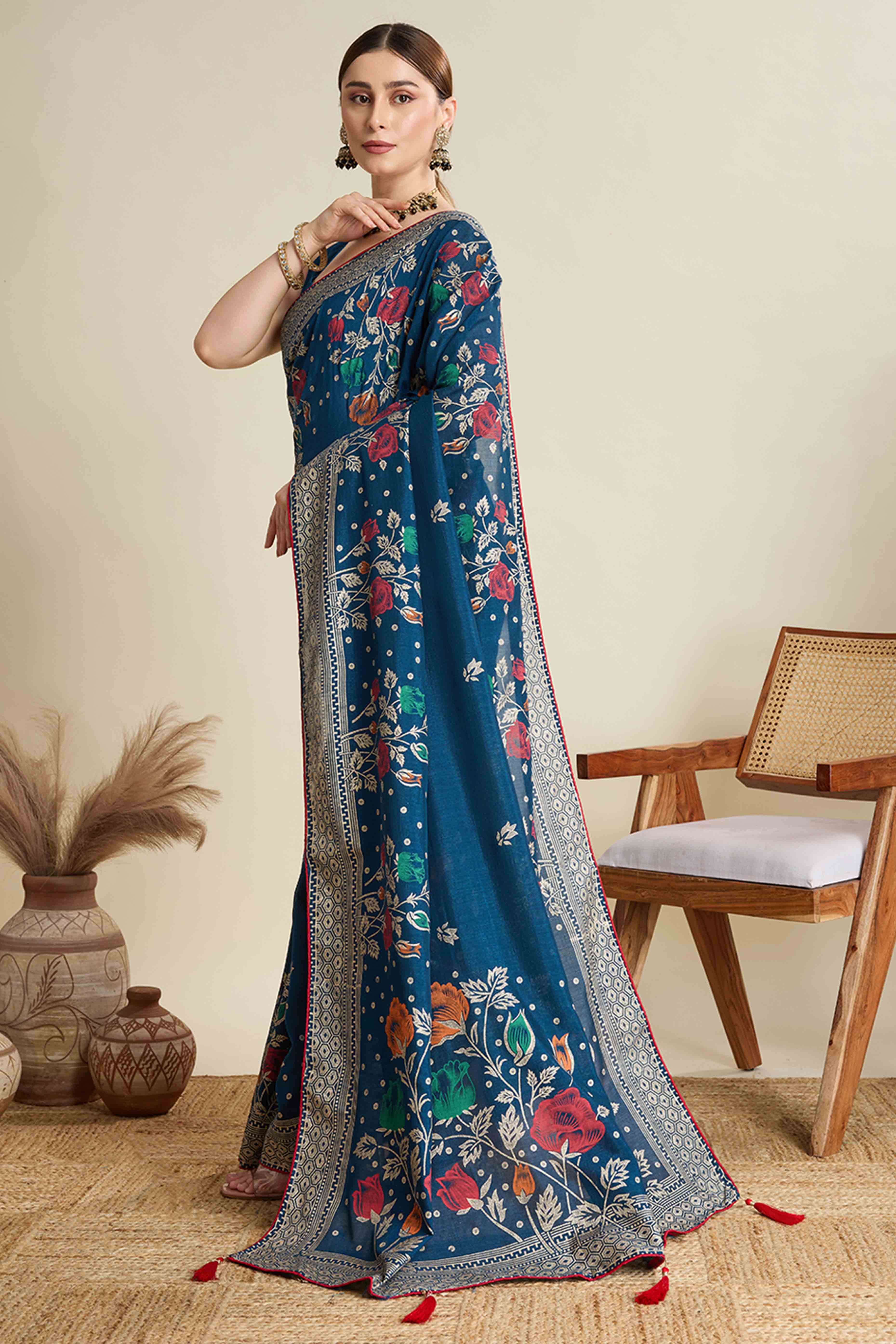 Teal Lightweight Cotton Silk Saree with Delicate Paisley Prints - Image 3