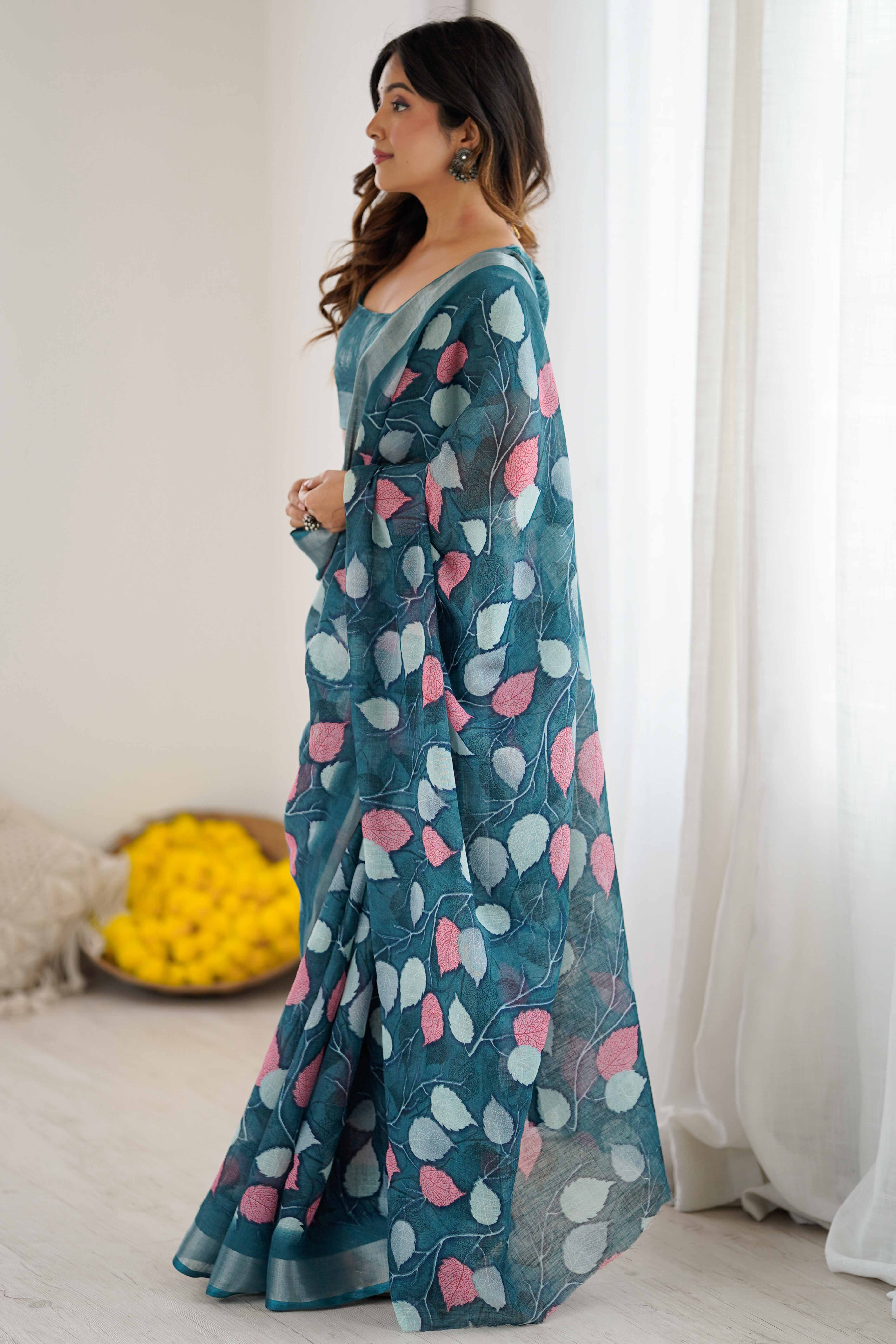 Teal Linen Saree With Graceful All Over Leaf Pattern - Image 4