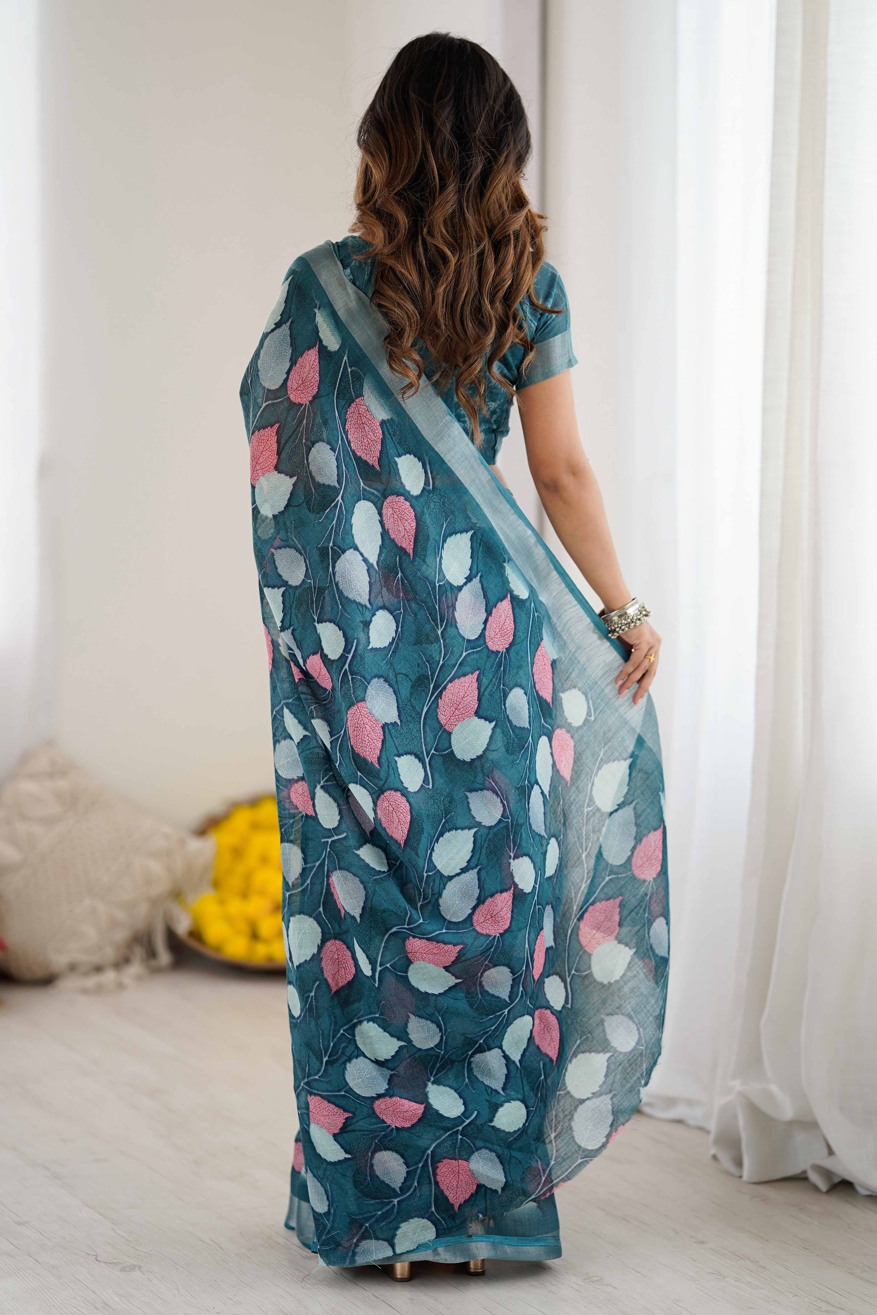 Teal Linen Saree With Graceful All Over Leaf Pattern - Image 5