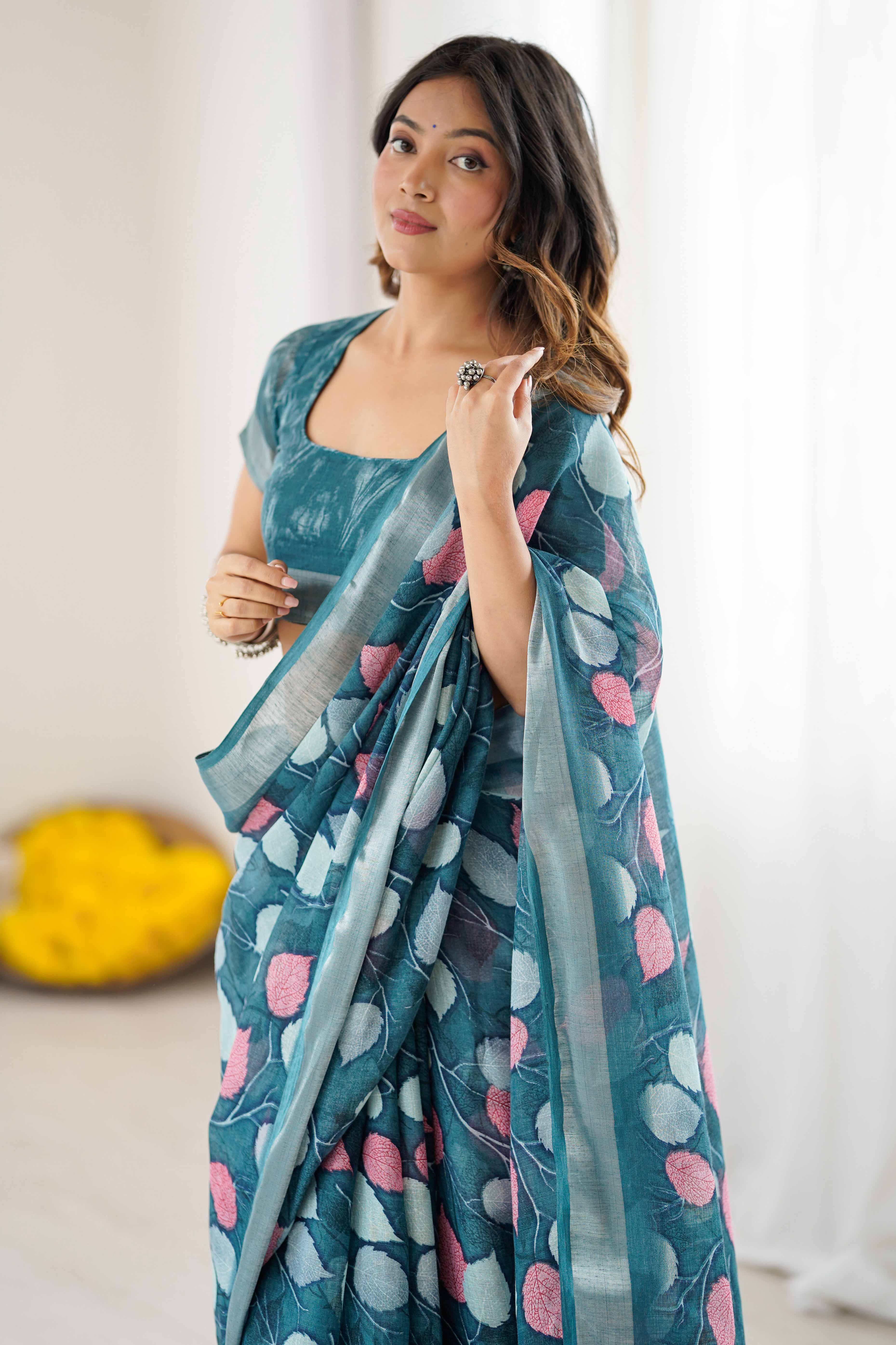 Teal Linen Saree With Graceful All Over Leaf Pattern - Image 6