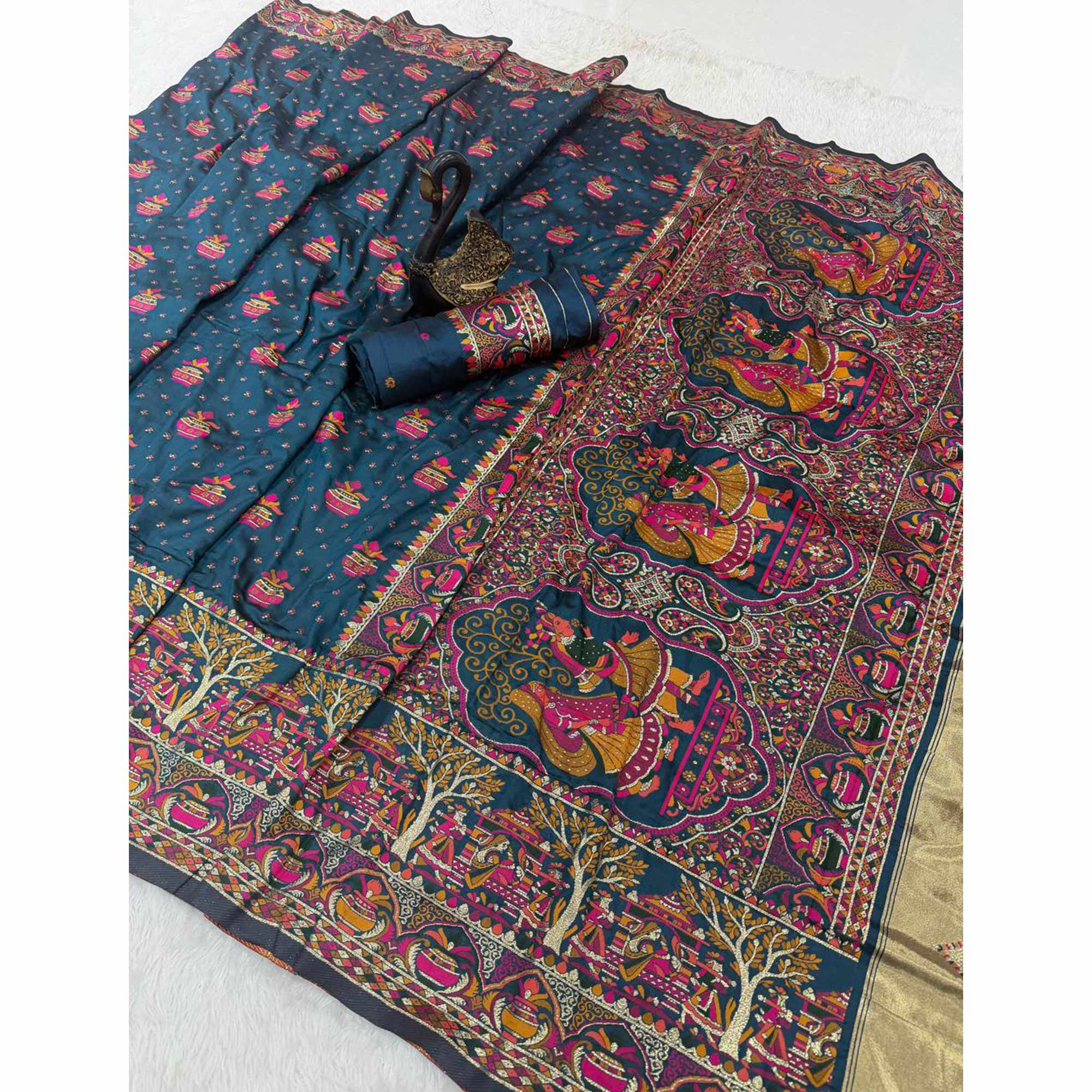 Teal Madhubani Inspired Weaving Pashmina Silk Saree Perfect for Refined Festive - Image 3