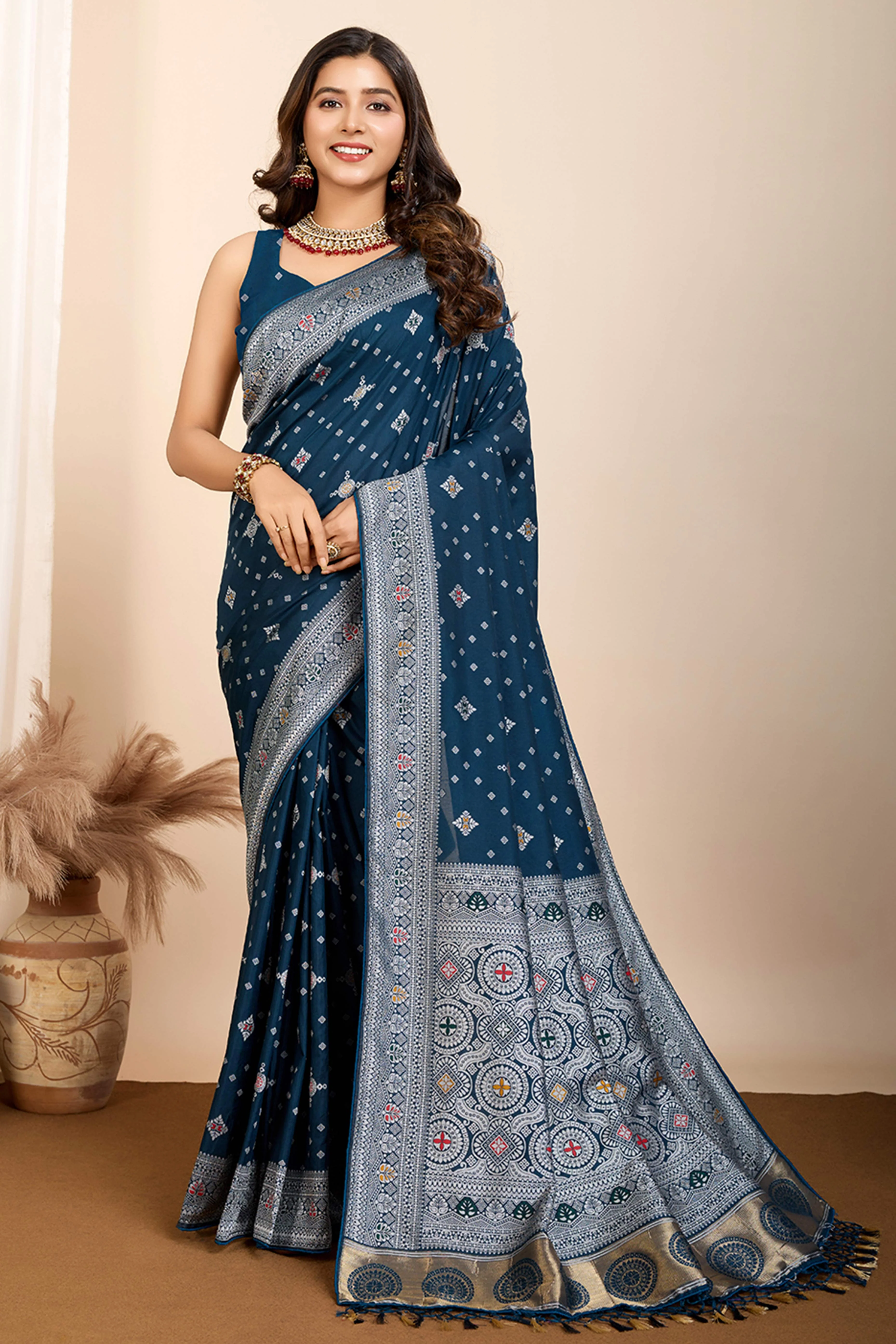 Teal Minakari Weaving Pure Silk Saree - Image 3