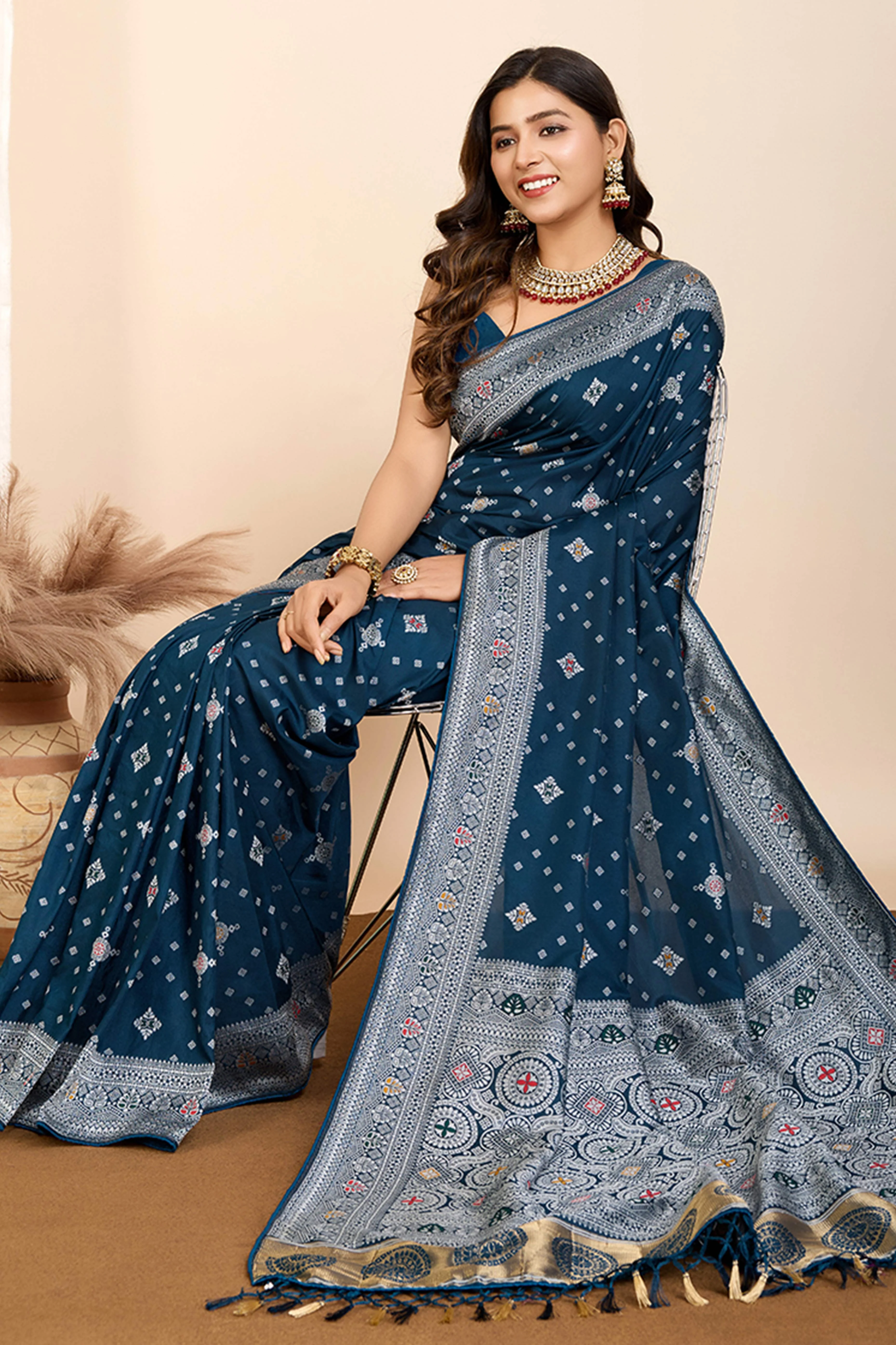 Teal Minakari Weaving Pure Silk Saree - Image 4